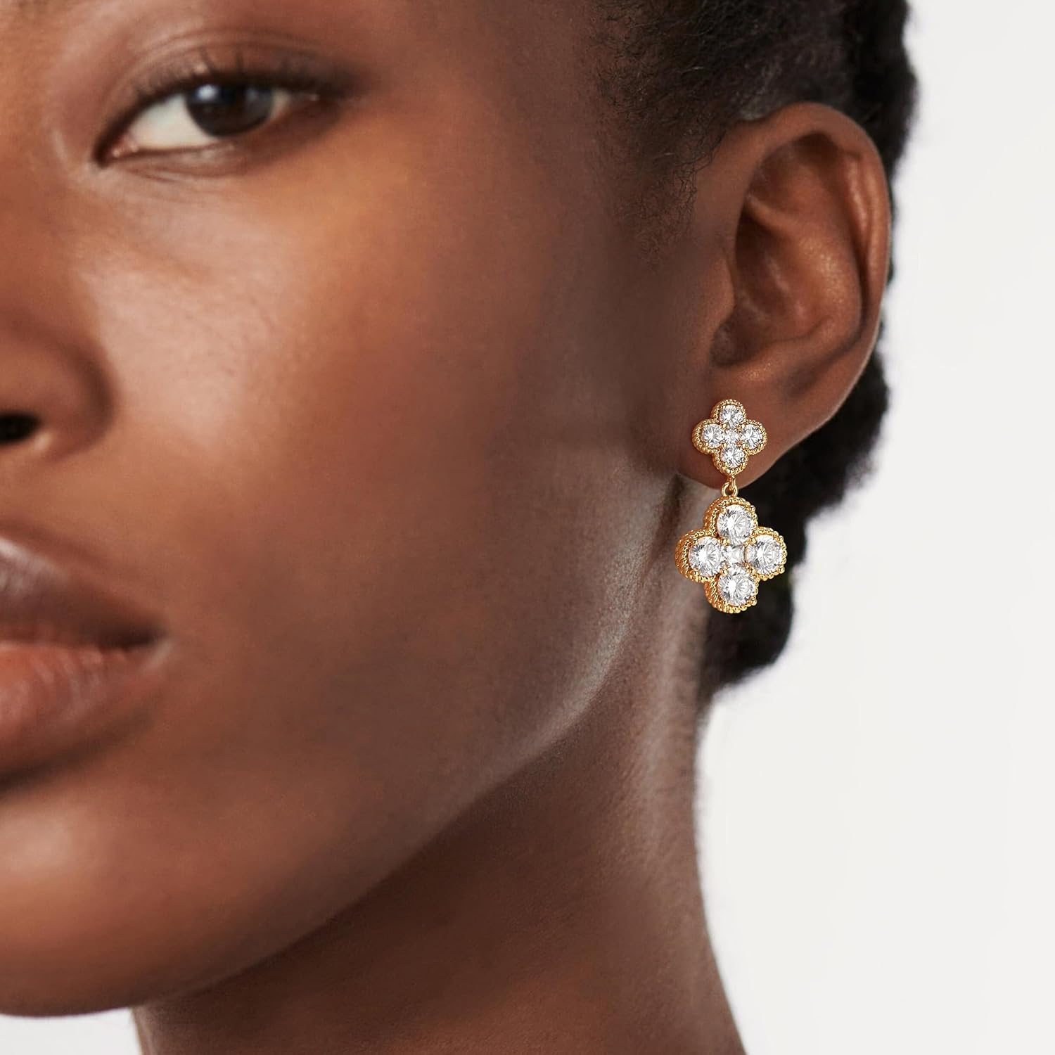 14K Gold Plated Double Plum Blossom Dangle Birthstone Four Leaf Clover Stud Earrings for Women, Hypoallergenic Drop Trendy Dainty Gold Earrings Birthday Gifts - Image 6