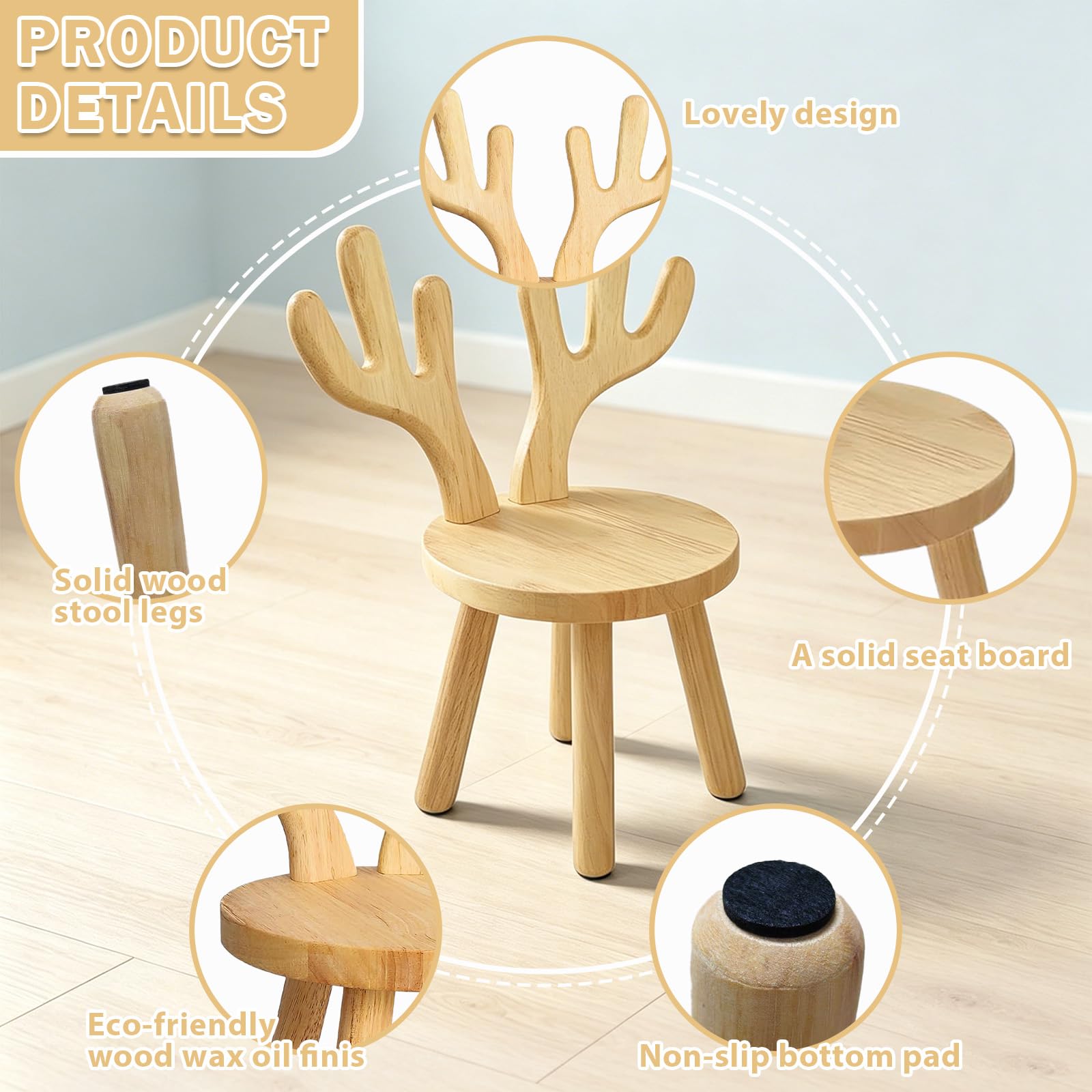 Kinderstuhl Holz ab 3 Jahren – Massivholz Kinderhocker 45 x 26cm mit Hirschgeweihform-Rückenlehne, kinderhocker holz 25cm Sitzhöhe, stabiler Holzstuhl für Kinderzimmer, Essen, Malen & Lesen