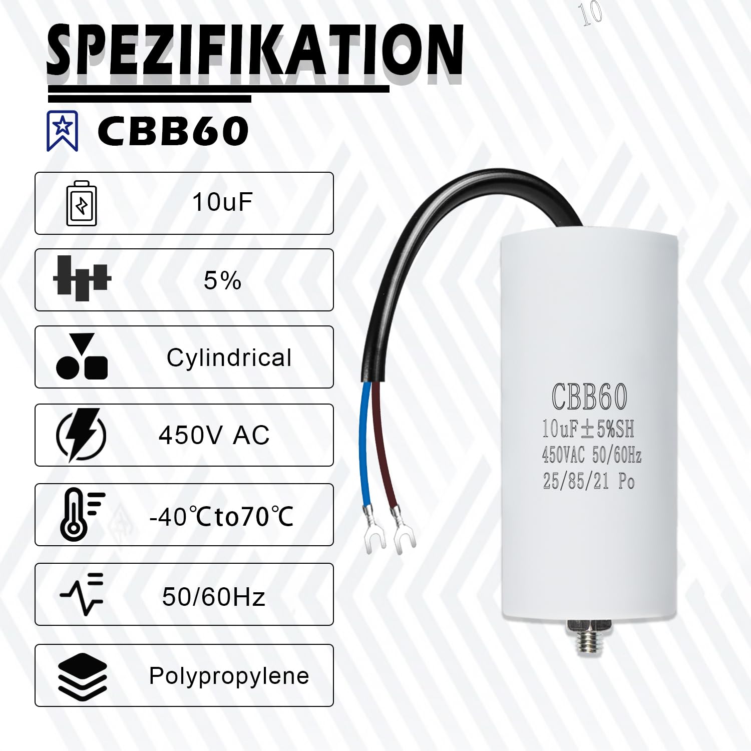 Iruihoo CBB60 Condensatore Motore 10 µF 450 V 50/60 Hz Avviamento con Filo M8