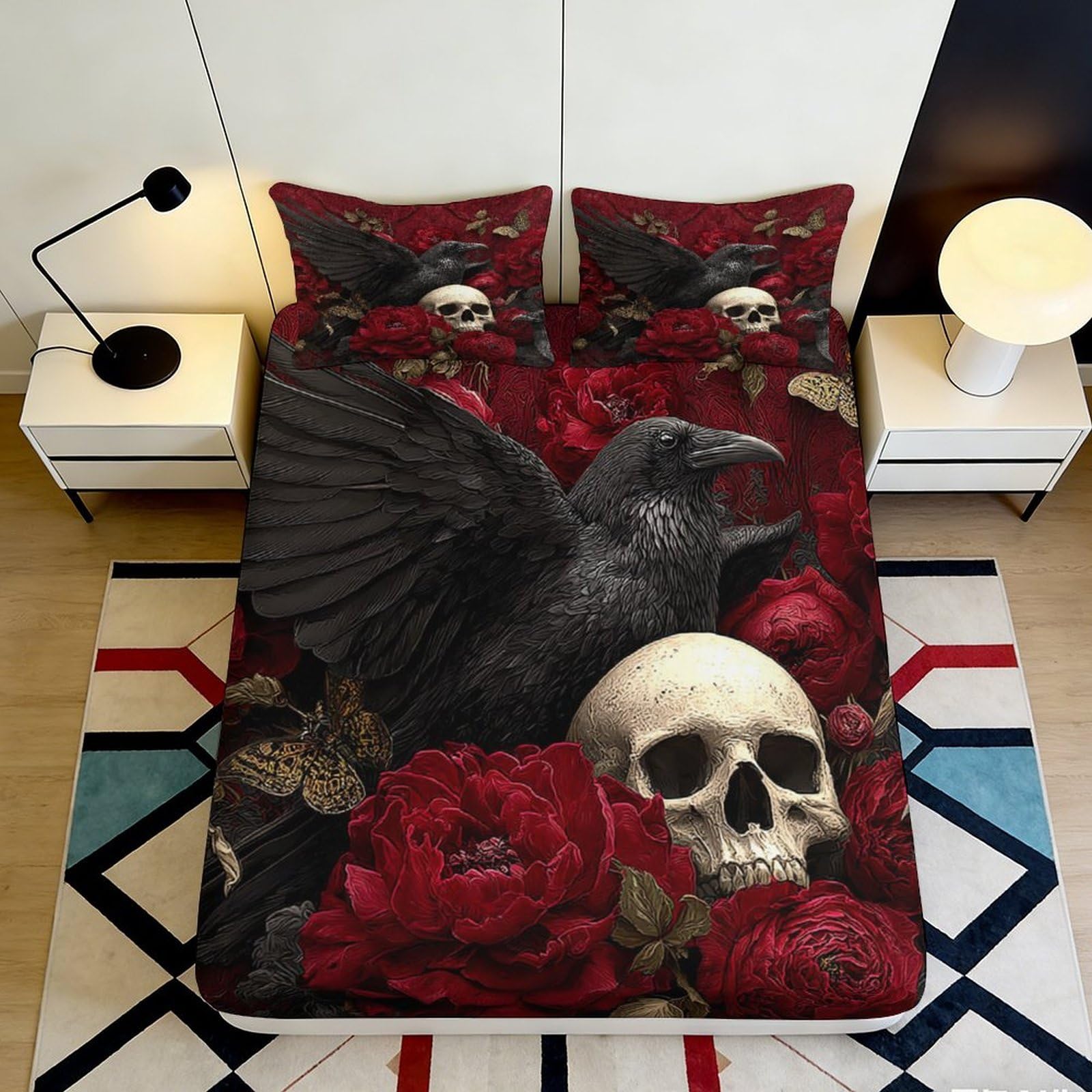 Pnayamiorkfel Style-2 3D Printed Gothic Raven Skull Fitted Sheet Microfiber Red Rose Mattress Cover For Bedroom Dorm Decor Washable 90X200x25cm