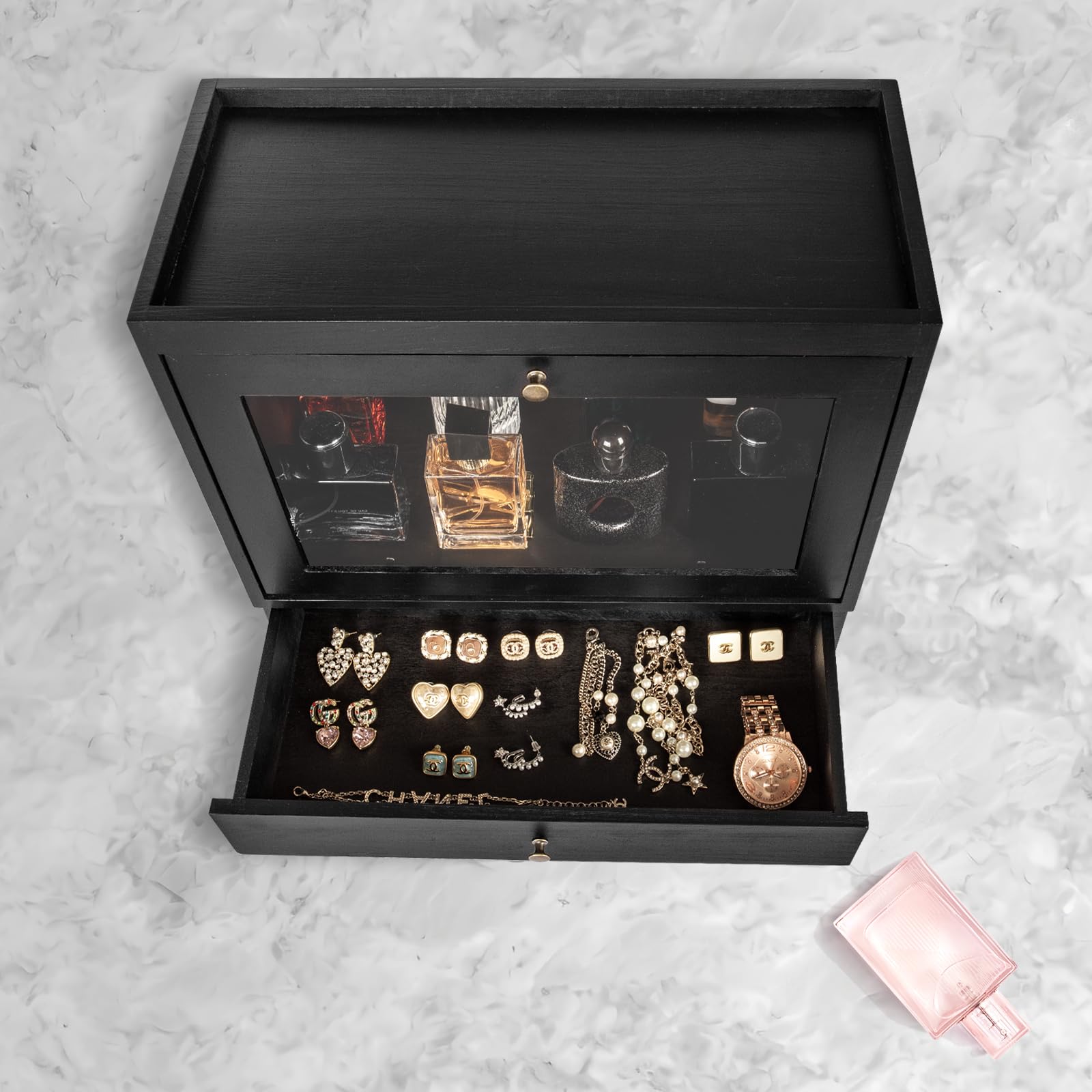 Organizador de Perfumes de Madera con Acrílico y Cajón, Almacena Perfumes Joyas Cosméticos para Hombres Mujeres, Dormitorio Baño Negro | Almacena Perfumes Joyas Cosméticos para Hombres Mujeres, Dormitorio Baño Negro