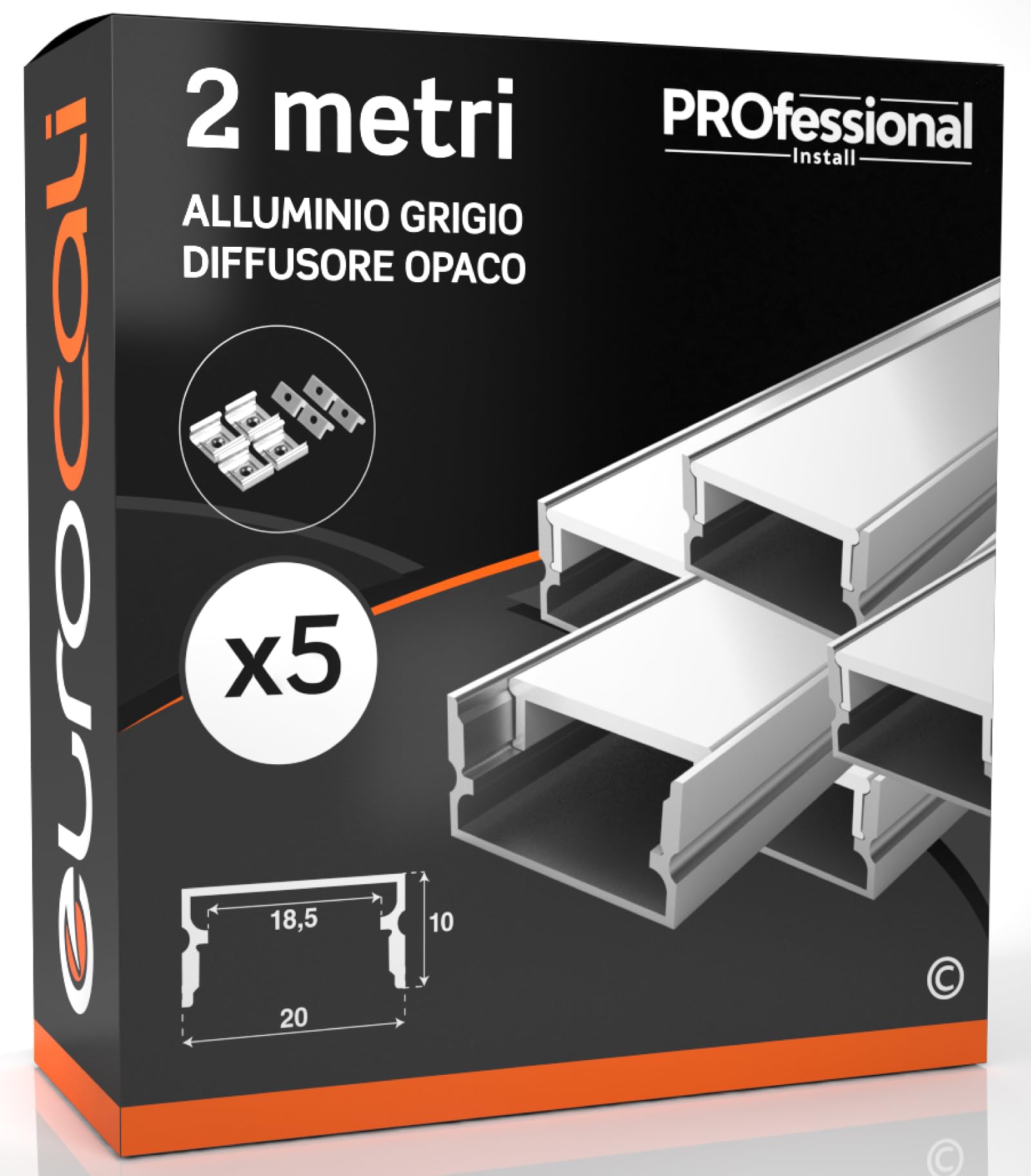 Profilo In Alluminio Per Strisce LED Fino A 18.5mm - 2 Metri, Installazione A Superficie, Schermatura Opaca