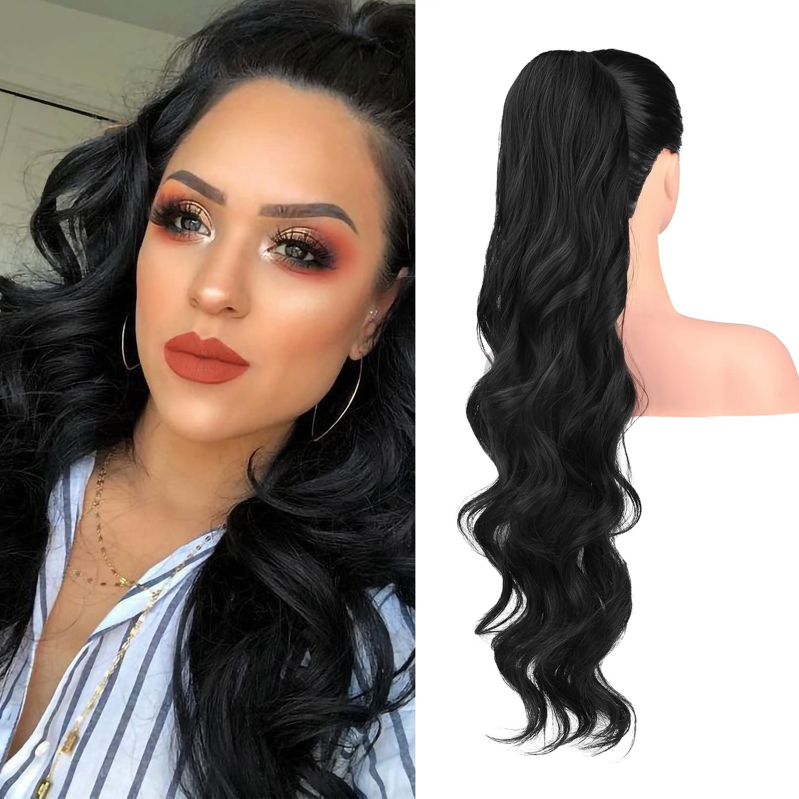 SEIKEA24" Ponytail Extension Drawstring, PT004 Gita Long Wavy Pony Tail for Black Women Natural Soft Clip in Hair Extension Curly Synthetic Heat Resistant Hairpiece - Black