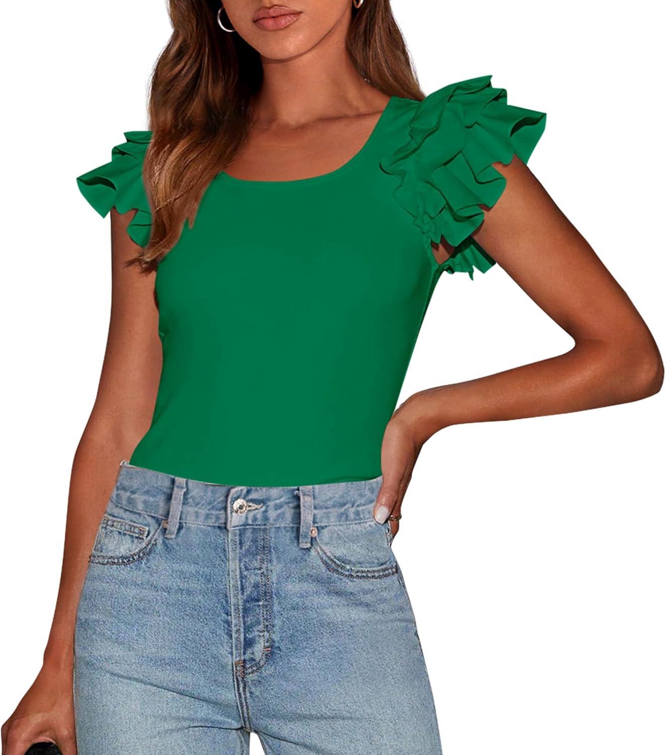 PRETTYGARDEN Women's Ruffle Short Sleeve Shirts 2026 Summer Casual Basic Tee Cute Fitted Crew Neck Fashion Tops Clothes