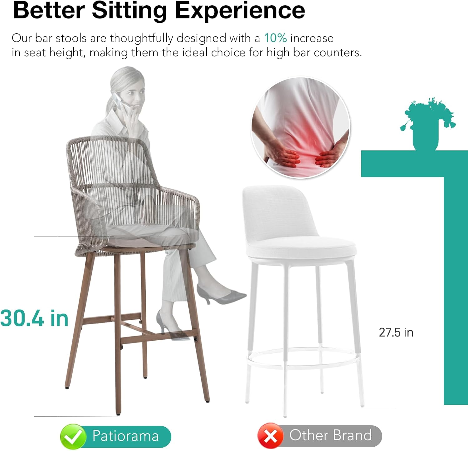 Patiorama Outdoor Bar Stools Set of 2, 46" Counter Height Bar Stools Chair w/Woven Rope Back and Arm, Patio Metal Modern Wicker Bar Chairs, Rattan Bar Stool for Kitchen Island,Pool, Wood Grain Finish