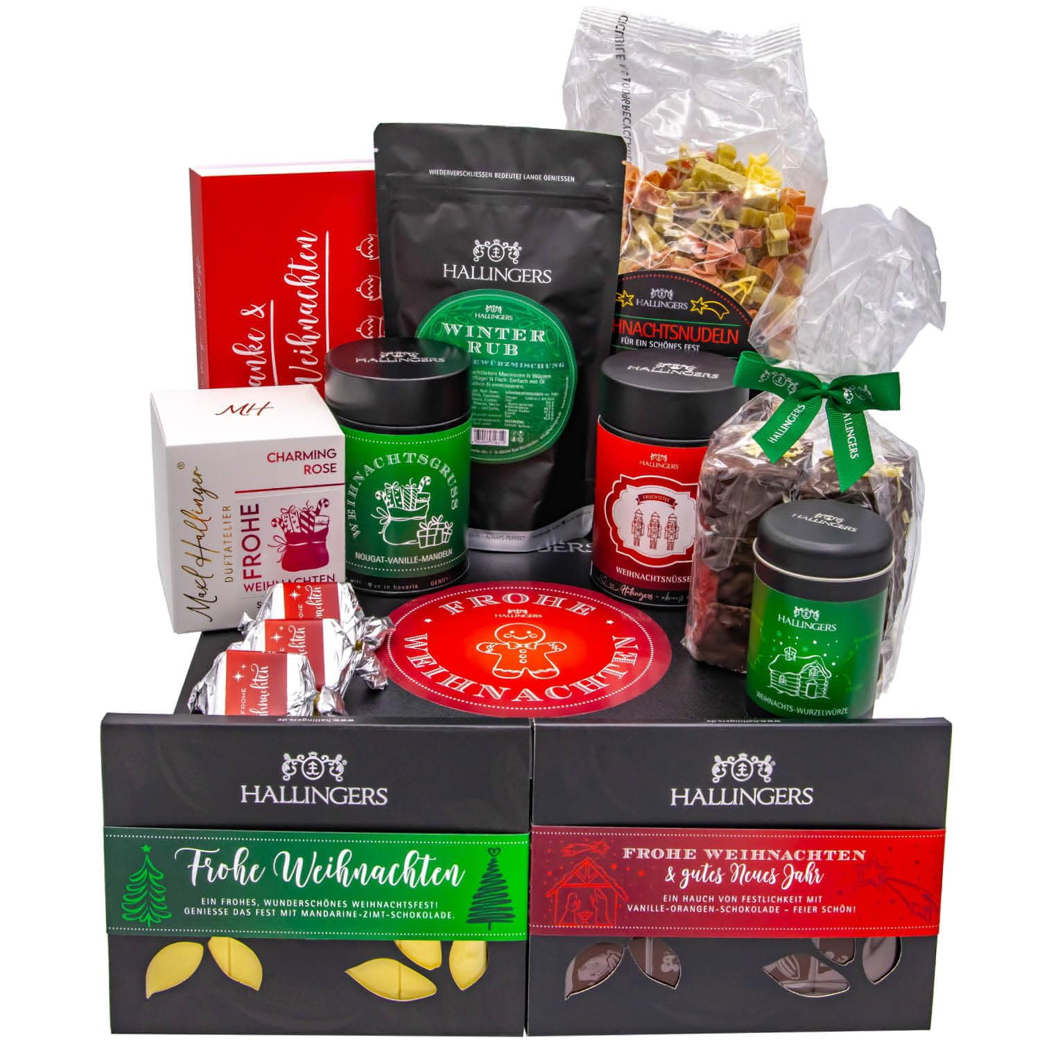 Hallingers Genuss Manufaktur Feinkost Weihnachts-Geschenk-Set - XXL-Geschenkkorb "Frohe Weihnachten" große Selektion Pralinen, Pasta, Lebkuchen, Nougat, Duftkerze, Tee & mehr, Weihnachten für Frauen