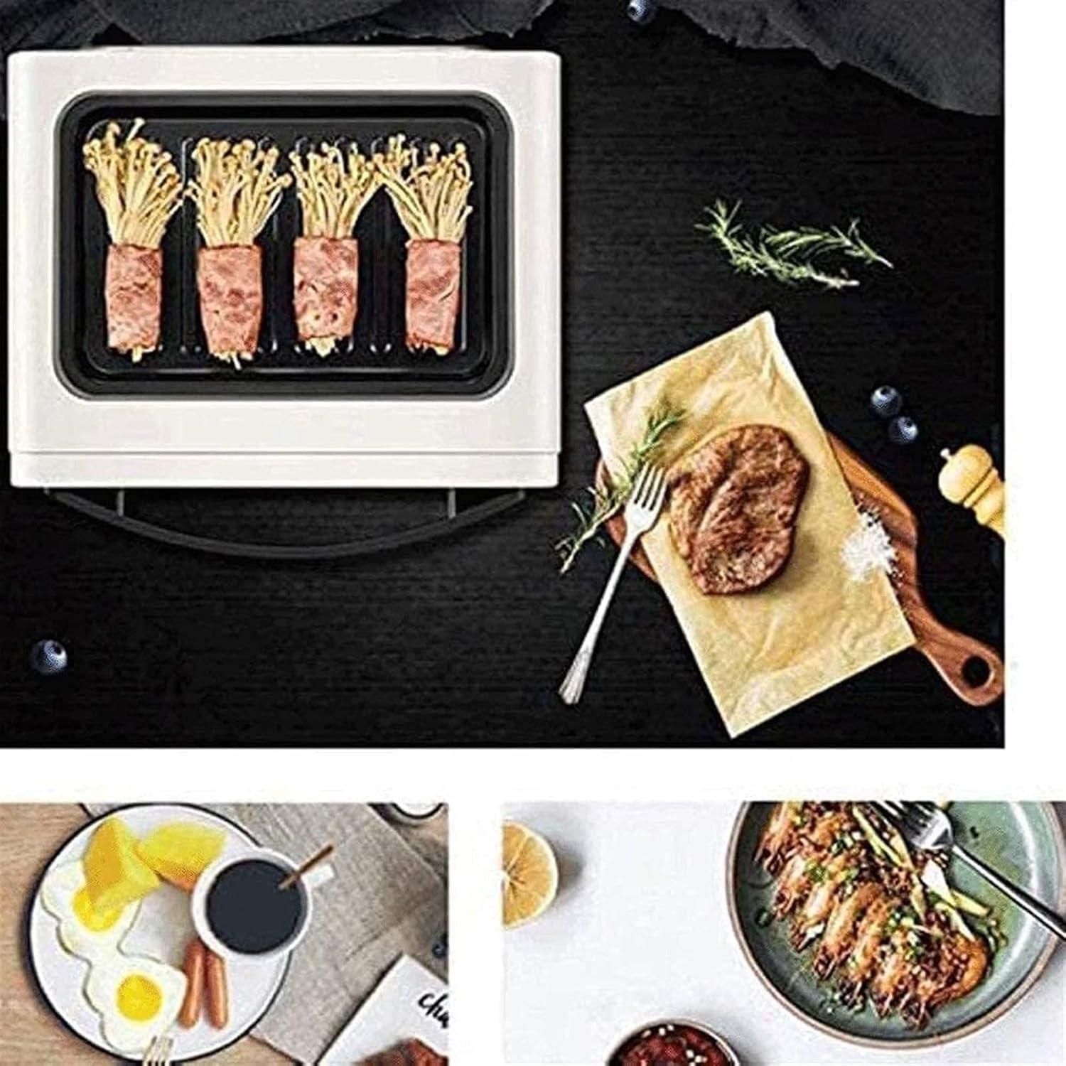 Image showing food being cooked on the top surface of the mini oven, alongside a cooked steak on a plate