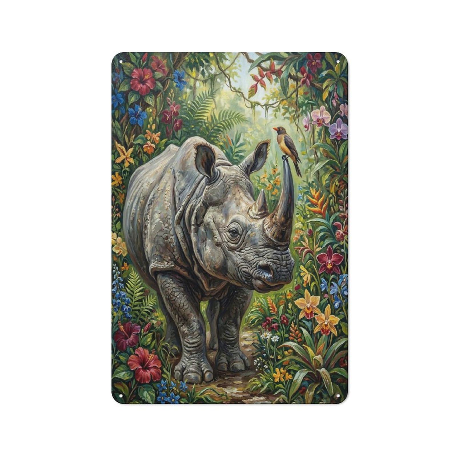 Junmoney Style-3 Rhinoceros With Bird In Jungle Rustic Tin Sign 30X20cm For Lounge Or Reading Corner, For Metal Sign Collectors, For Cafés, Pubs And Restaurants