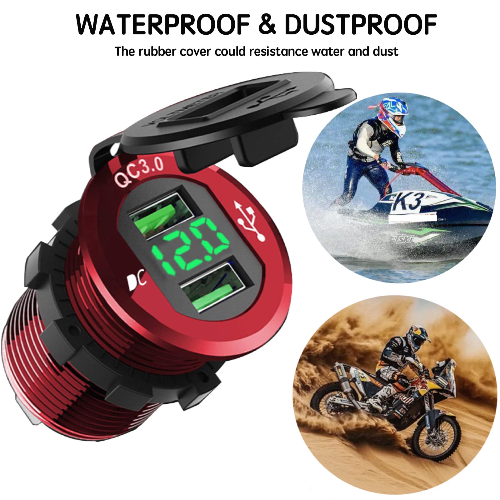 USB Auto Steckdose Quick Charge 3.0 - 36W Wasserdicht Mit Spannungsanzeige