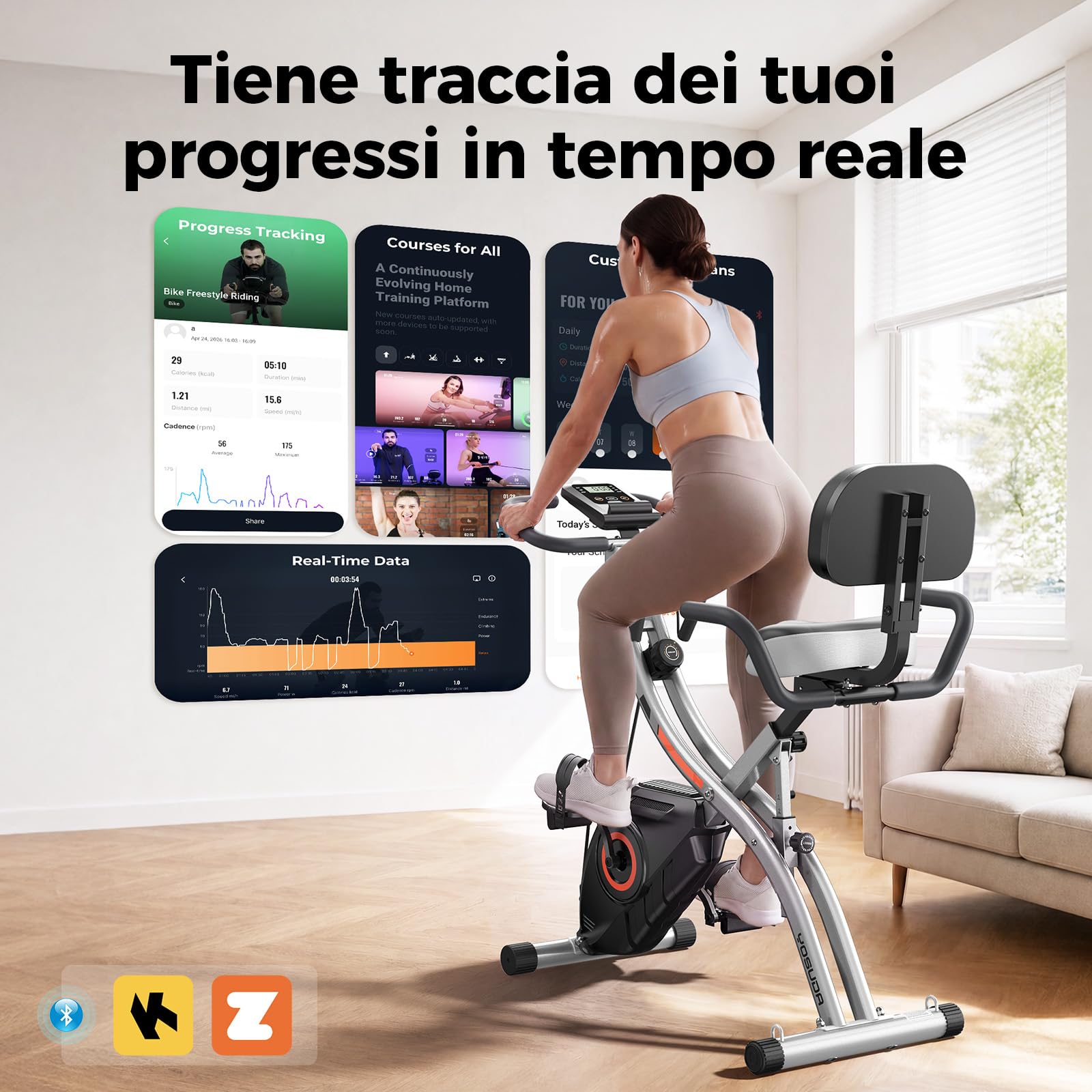YOSUDA Cyclette da Casa Pieghevole 5 in 1 con APP, Cyclette Pieghevole con Banda Elastica, Monitor LCD, 8/16 Livelli di Resistenza, Sedile largo, Max 150/172 kg