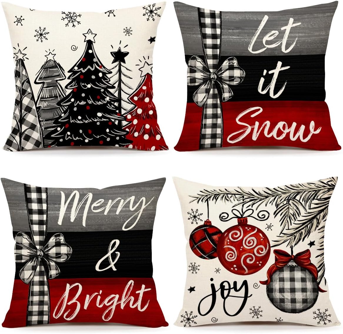 4TH EmotionChristmas Pillow Covers 18x18 Set of 4 Farmhouse Xmas Decorations Farm Trees Merry Bright Balls Winter Holiday Decor Throw Cushion Case for Home Couch S23C23