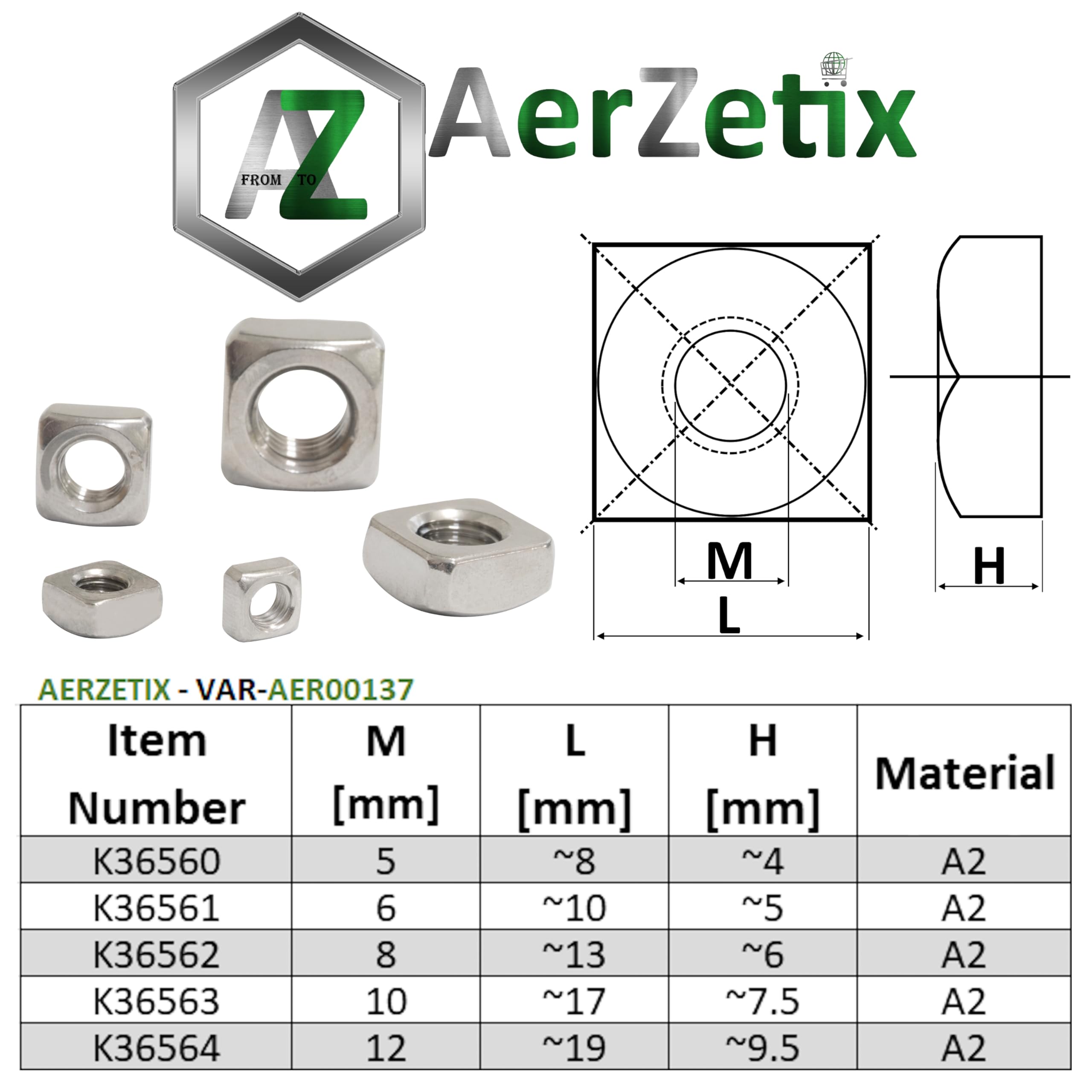 AERZETIX - Set di 30 dadi quadrati smussati M6 inossidabili A2 | per progetti di assemblaggio, modellismo, fissaggio e fai da te
