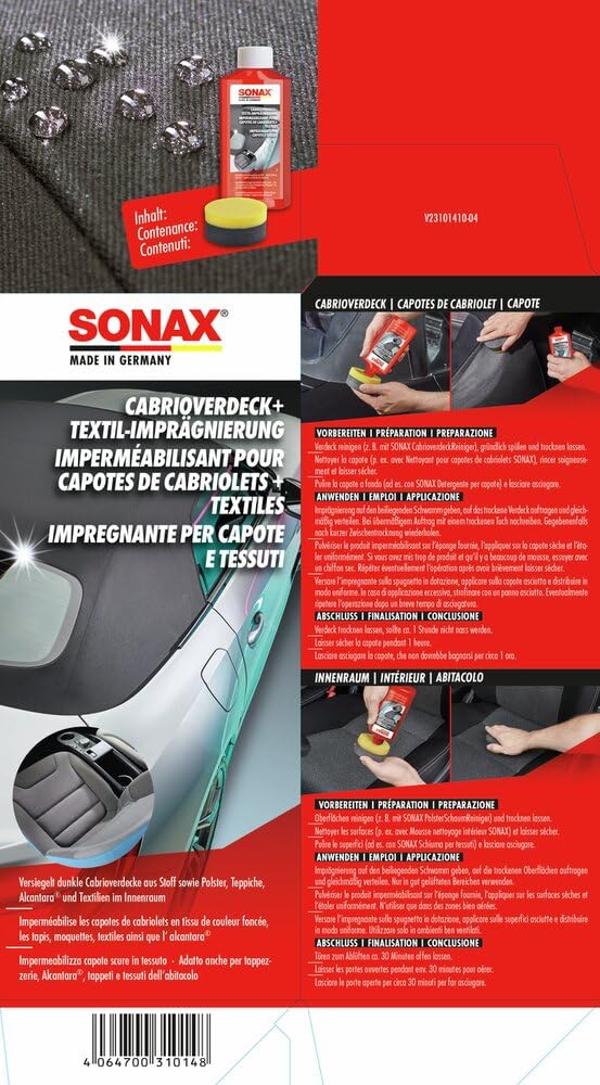 SONAX Cabrioverdeck+Textil-Imprägnierung (250 ml) Farbauffrischung und Schutz vor Wiederverschmutzung von Stoffverdecken | Art-Nr. 03101410