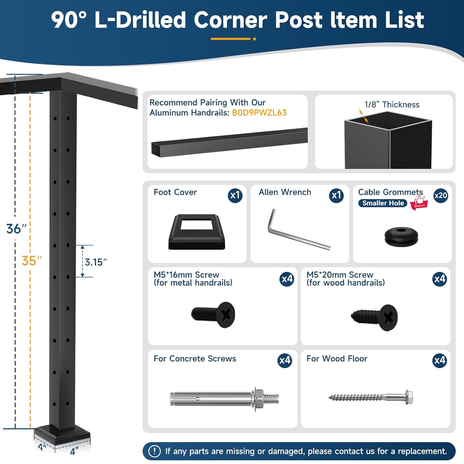 36" Aluminum Cable Railing Corner Post Perfect for Coastal Projects, 90° L-Drilled Corner Wire Deck Post for Cable Railing System Kit Indoor Outdoor Seaside, Black Powder Coating Corner Post