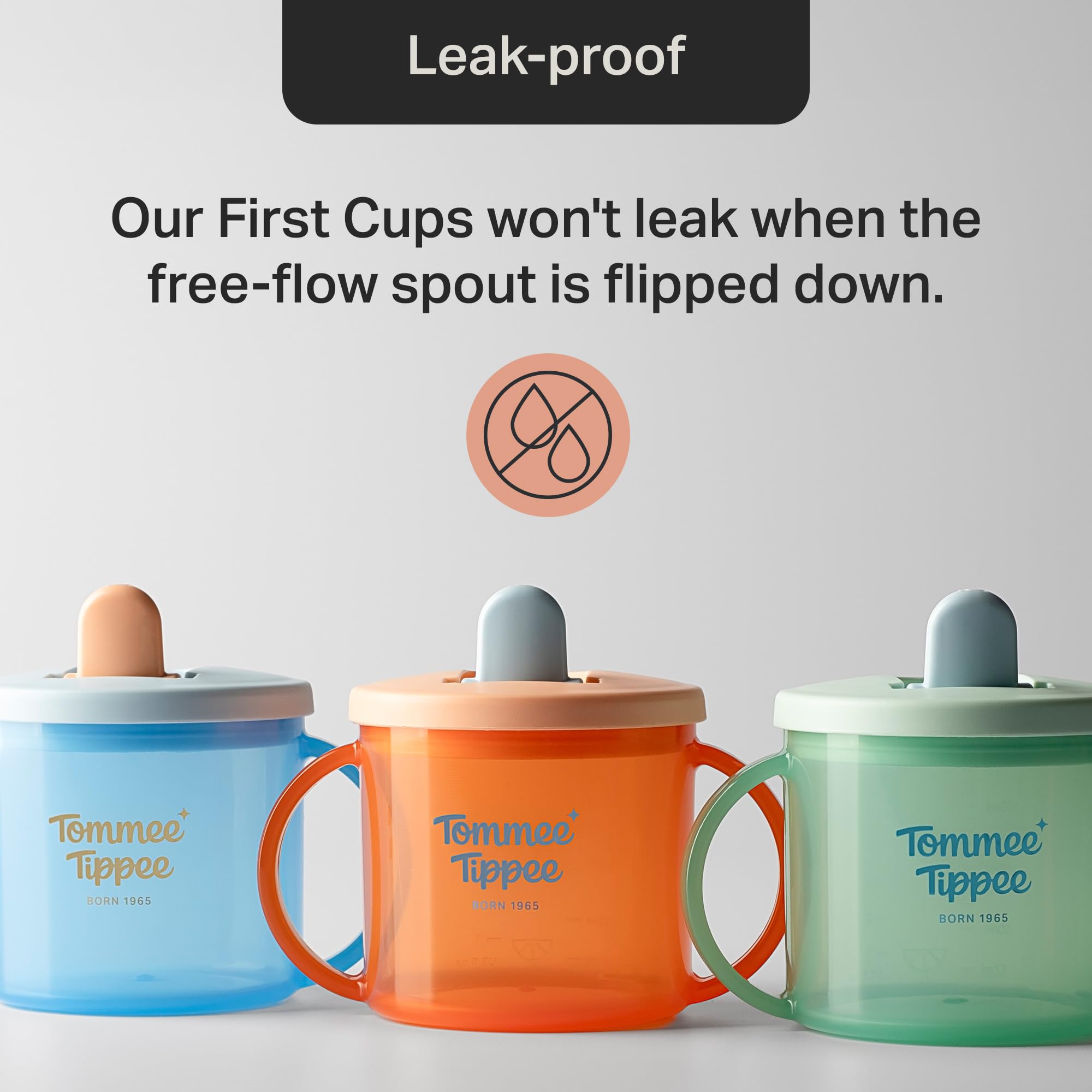 Tommee Tippee First Cup, 190ml, Non-Spill Sippy Cup for Babies 4 Months+, with Free-Flow Flip-Down Spout and Easy to Hold Handles, Orange, Blue and Green, 3 Pack — view 4