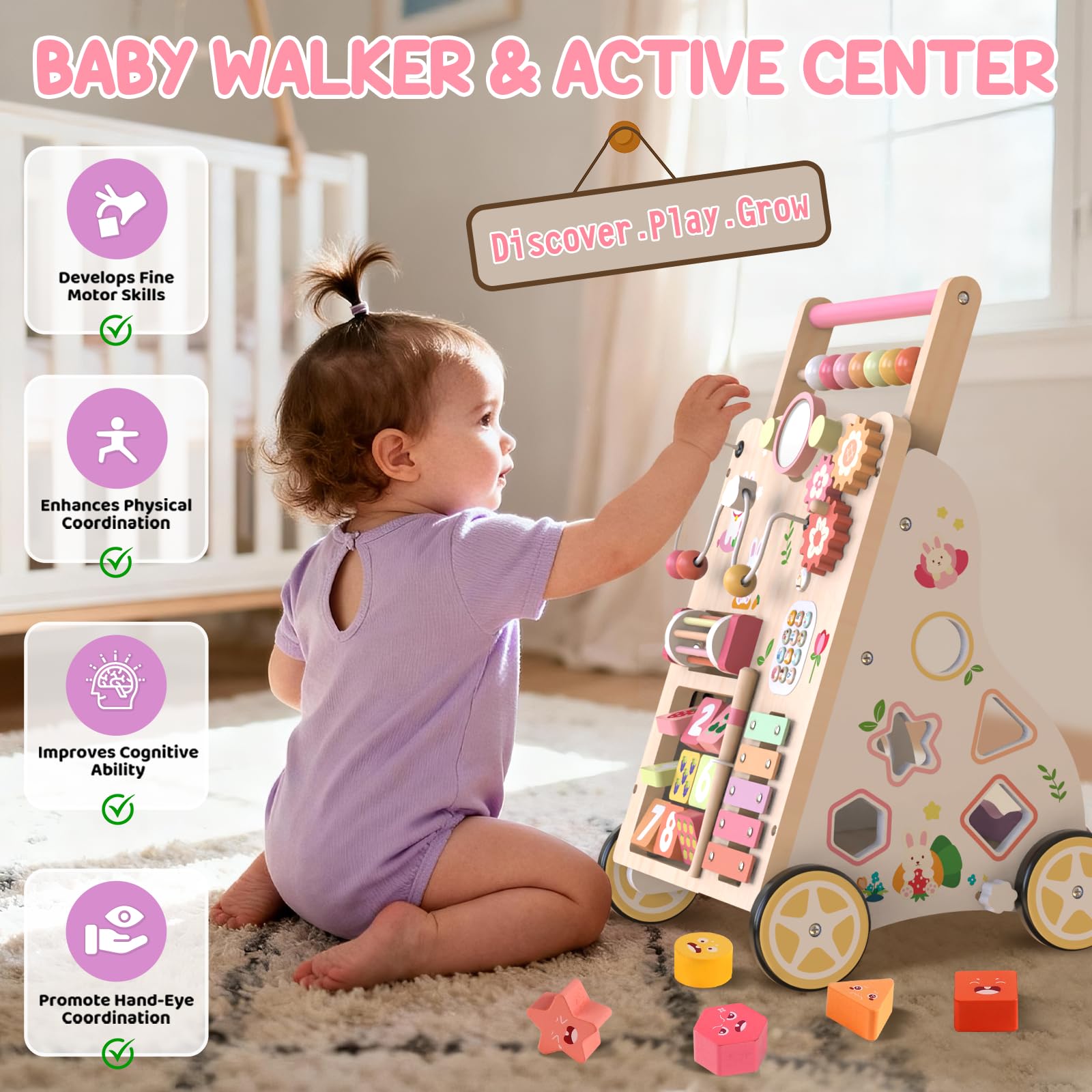 Carrello Primi Passi in Legno per Bambini – Girello Montessori con Centro Attività – Altezza e Velocità Regolabili – Giocattolo Educativo per Bimbi 12+ Mesi, Bambine e Bambini di 1 Anno (Rosa) - 5