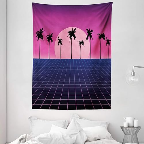 Miniatura 2 de Ambesonne Synthwave - Tapiz retro de rejilla con siluetas de palma y diseño de vibraciones de vapor de los años 80, colgante de pared para
