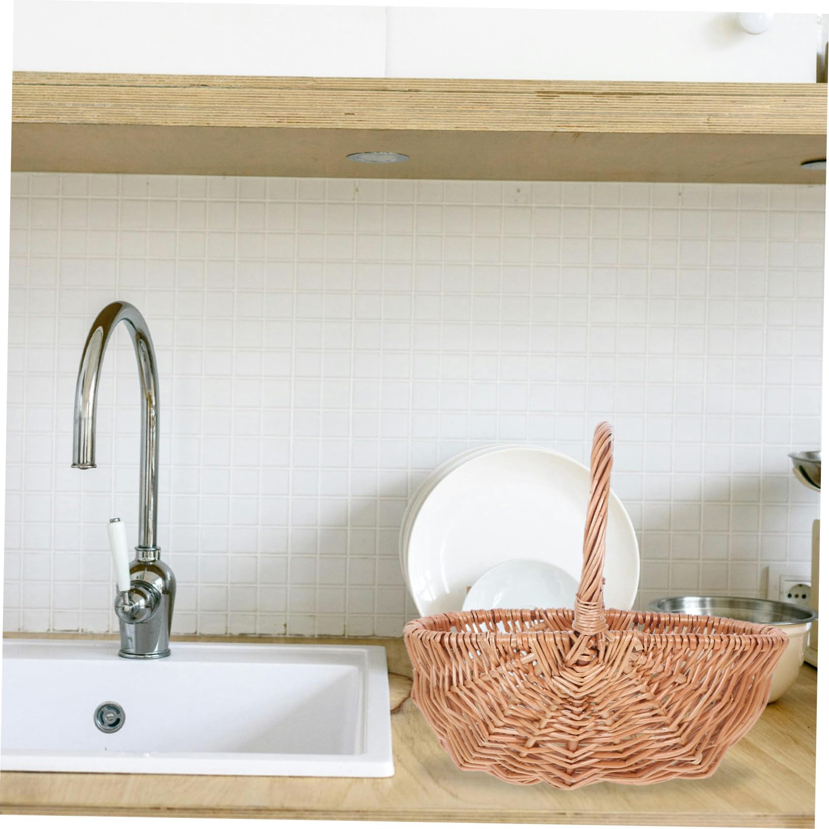 Mipcase Cesta Ovalada de Mimbre Tejida Mano Cesta Pequeña y Ligera para Picnic para Frutas Huevos y Verduras Organizador Portátil para Cocina y Exteriores