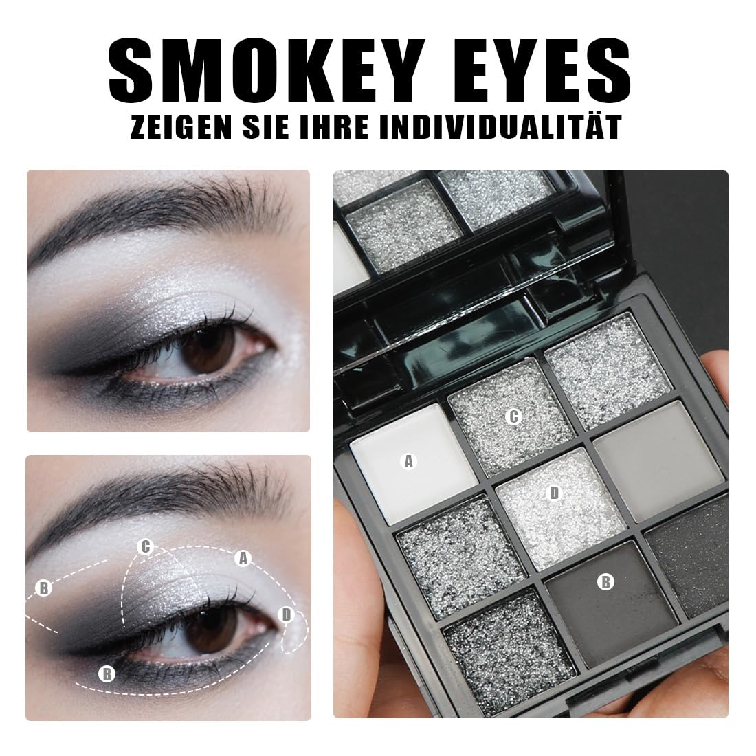 Palette di Ombretti Smokey, 9 Colori Halloween Trucco Ombretto Occhi Goth Nero Argento Grigio, Eyeshadow Scuri a Lunga Durata,Set di Trucchi per Ragazze, Kit Regalo per Spettacoli Teatrali Halloween