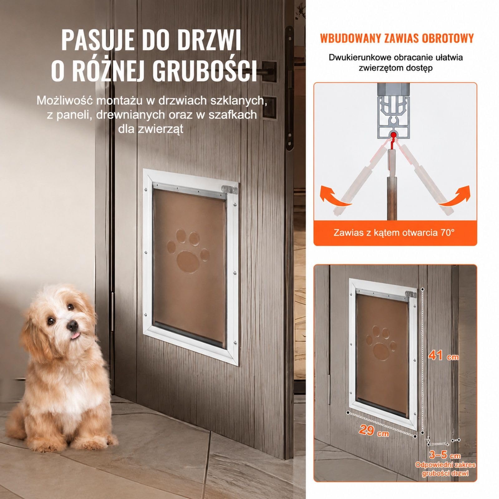 Klapka dla zwierząt dla kota i psa, aluminiowa rama, magnetyczny system klapy, biała, do montażu w drzwiach
