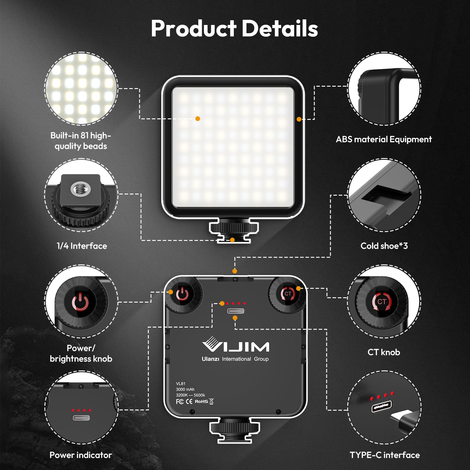 ULANZI VL81 Videoleuchte 81 LEDs Videolicht mit Cold Shoe, Foto Licht 3200K-5600K Farbtemperatur Helligkeit Einstellbar CRI 95+, 3000mAh Akku Kamera Licht für Fotografie YouTube Videoaufnahme