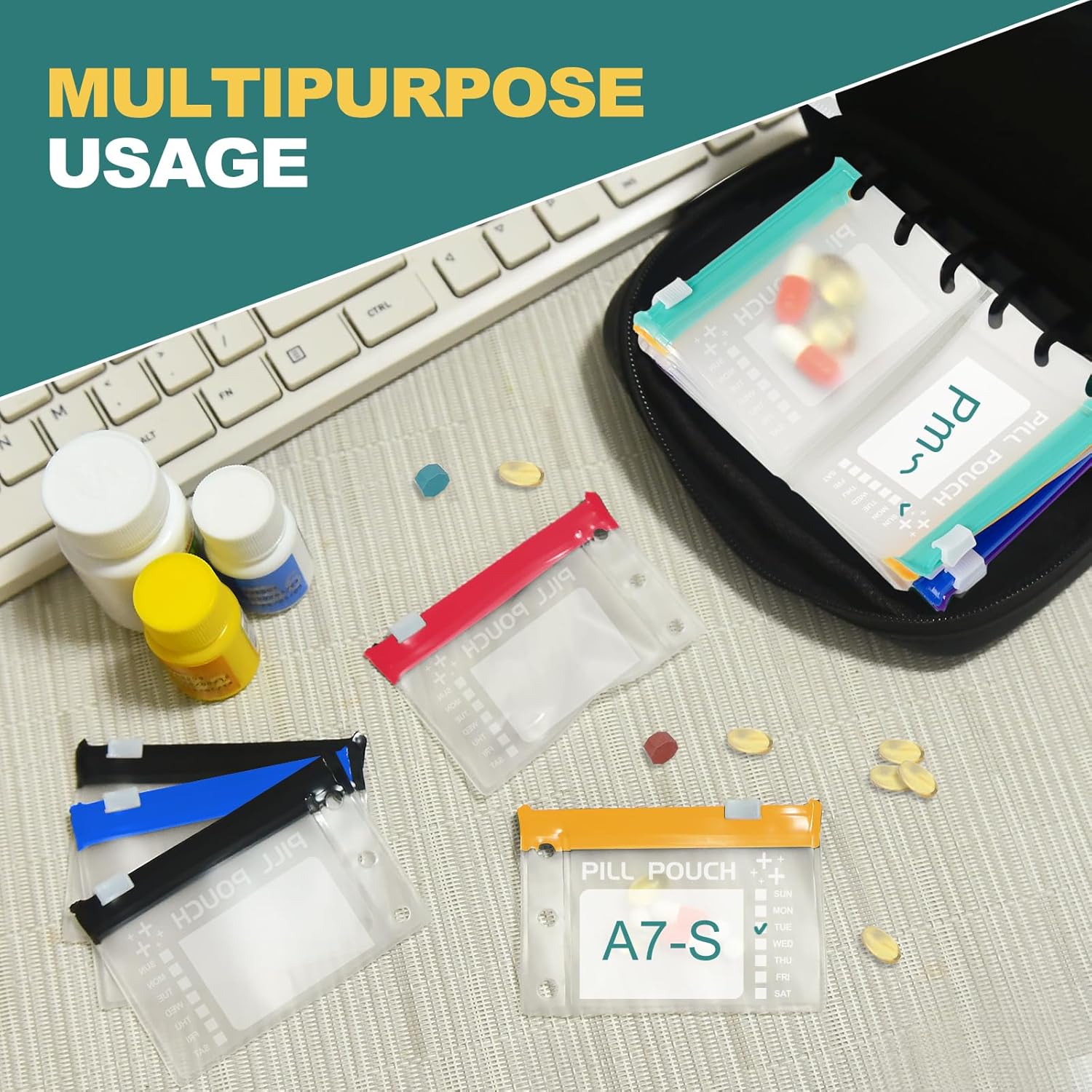 A7 Waterproof Pill Organizer with 14 S Zippered Pill Pouches for A7 Binder, Small BPA-Free Weekly Medicine Organizer, Color-Coded Reusable Travel Pill Storage System - Image 6