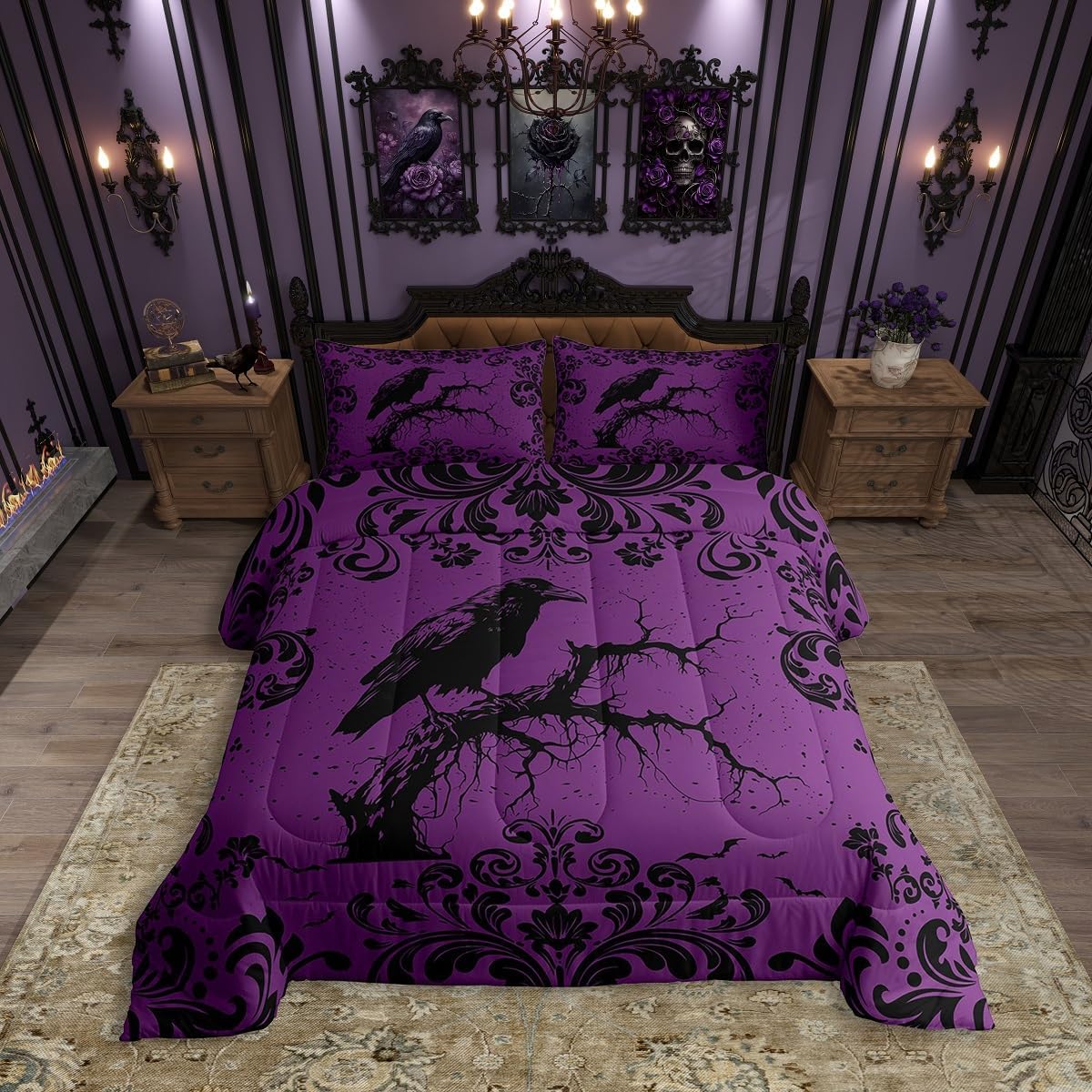 Erosebridal Purple Black Gothic Comforter Set Queen Size Boho Baroque Damask Raven Crow Bedding Sets for Kids Adults Bedroom Decor,Bohemian Exotic Floral Bird Down Comforter Halloween Bed Set