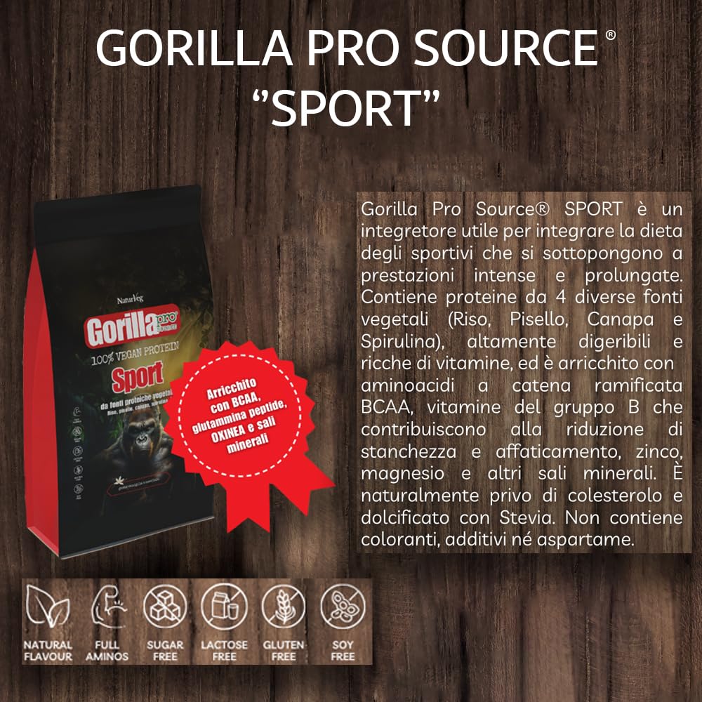 Naturveg® GORILLA PRO SOURCE Sport – Proteine in polvere Vegane da 1kg con BCAA, Glutammina, vitamine B, proteine vegetali di riso canapa, pisello e spirulina (1Kg, Caramello)