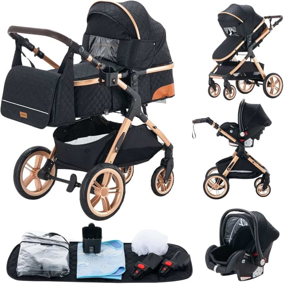 Carrito bebé 3 Piezas, Carro, Carrito bebé 3 en 1, Silla Paseo, Sistema de viaje, Plegable, neumáticos de caucho, Con accesorios, Góndola, Adaptateurs, 25 kg (XX1 Negro)