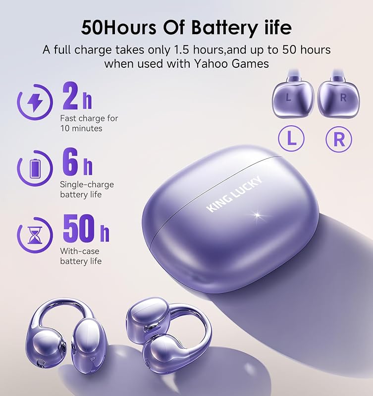 Kinglucky Clip-On Earbuds Gen 3, Open-Ear Wireless Bluetooth 6.0 Headphones with Mic, Secure Fit for Small Ears & Glasses Wearers, 50H Playtime, ENC, IPX5 Waterproof Sport Ear Buds (Purple) image 6