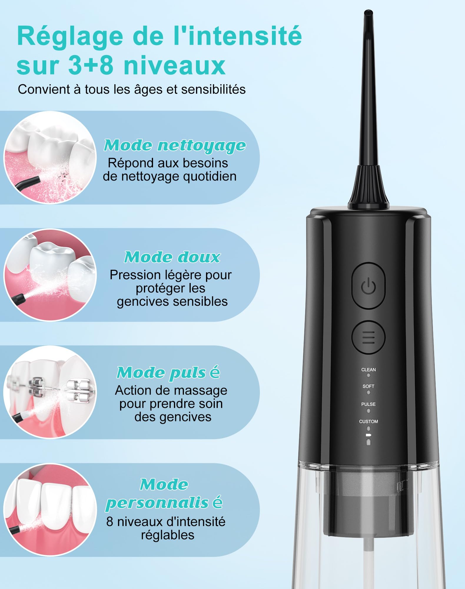 Jet Dentaire Hydropulseur Portable DIY, Hydropulseurs et Irrigateurs 5 Modes et 3 Intensités, Réservoir 300ML et Base Amovible, USB Chargé, Étanche IPX7, Sans BPA, Silencieux (Noir-01)
