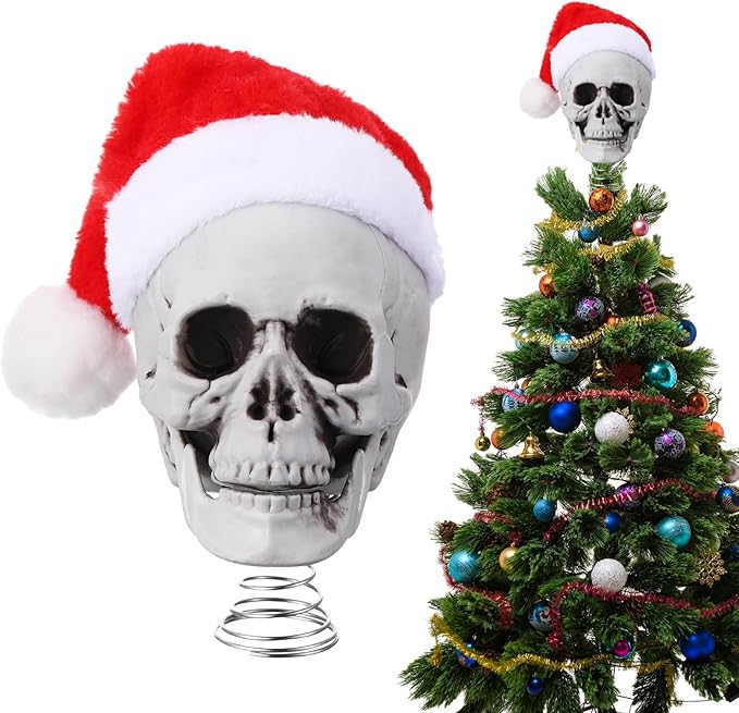 5 Inch Christmas Tree Topper Skull with Santa Hat Christmas Tree Spooky Decorations Holiday Plastic Skeleton Ornaments Gifts Skull Topper for Xmas Home Party Decor