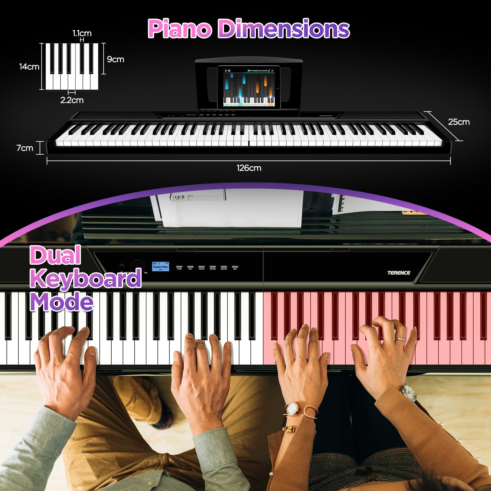 TERENCE V50 Keyboard Piano 88-Tasten Gewichtet Dynamische Tastatur 30W Lautsprechern Berührungsempfindliches Steuerpanel Video-Aufnahmefunktion Kopfhörer- und externe Lautsprecherunterstützung