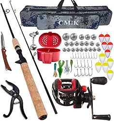 Kit de Pesca Completo, Vara com Carretilha, Bolsa porta vara, Acessórios com Anzóis, Iscas, Alicate e Canivete