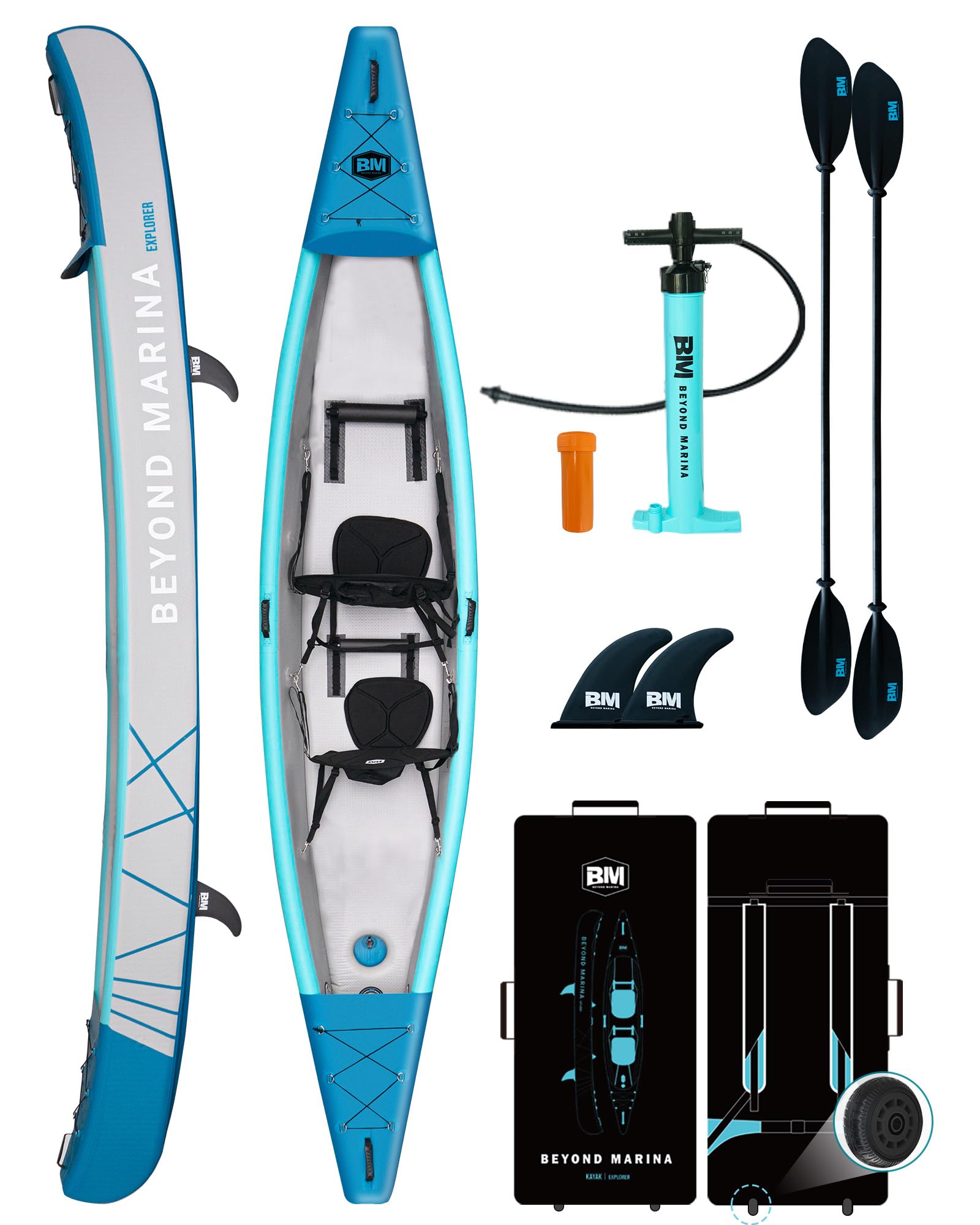BEYOND MARINA aufblasbares Kajak für 1, 2, 3 Personen, Drop-Stitch Tandem Kayak Set für Erwachsene mit Paddeln, Sitzen, Pumpe, Finne & Tragetasche, robust & vielseitig, 380cm,420cm,460cm