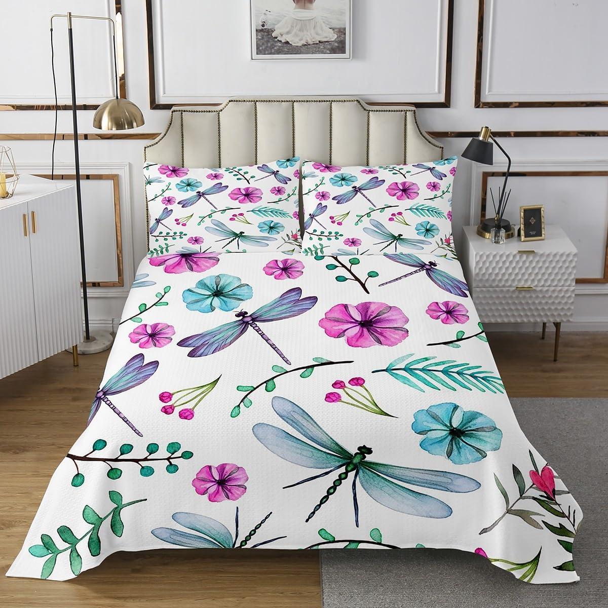 Dragonfly Gifts For Women, Dandelion Floral Quilt Set Queen, Dragonflies Flying Animals Bedspread Set For Lady Girls, Botanical Blossom Petal Coverlet Set, Colorful Dragonfly Wings Bed Set All Season