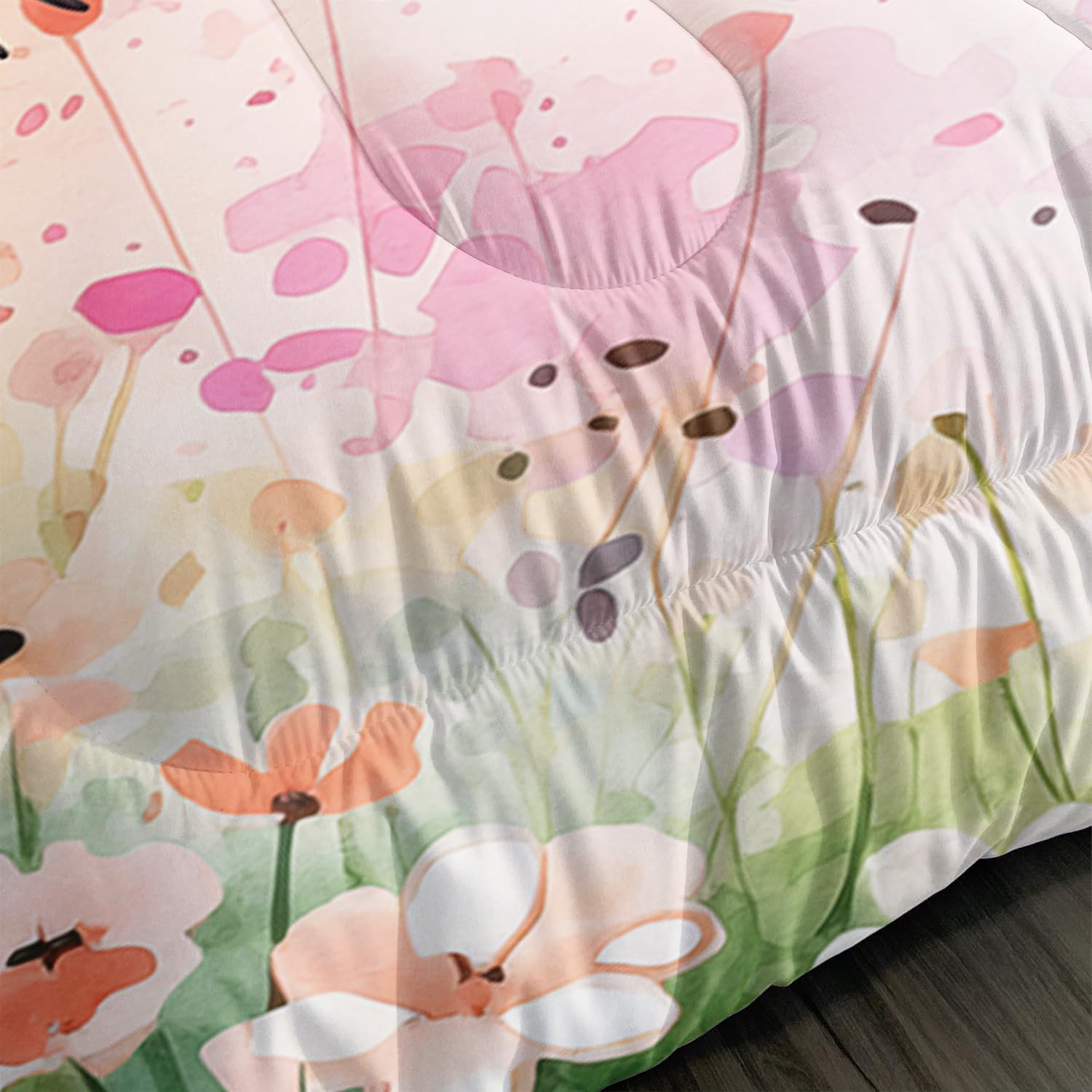 Cute Floral Fairy Twin Size Bedding Set,Girls Princess Dreamy Garden Comforter Sets with 2 Pillowcases,Pink Flower Butterfly Bee Bedding for Kids Room Decor.