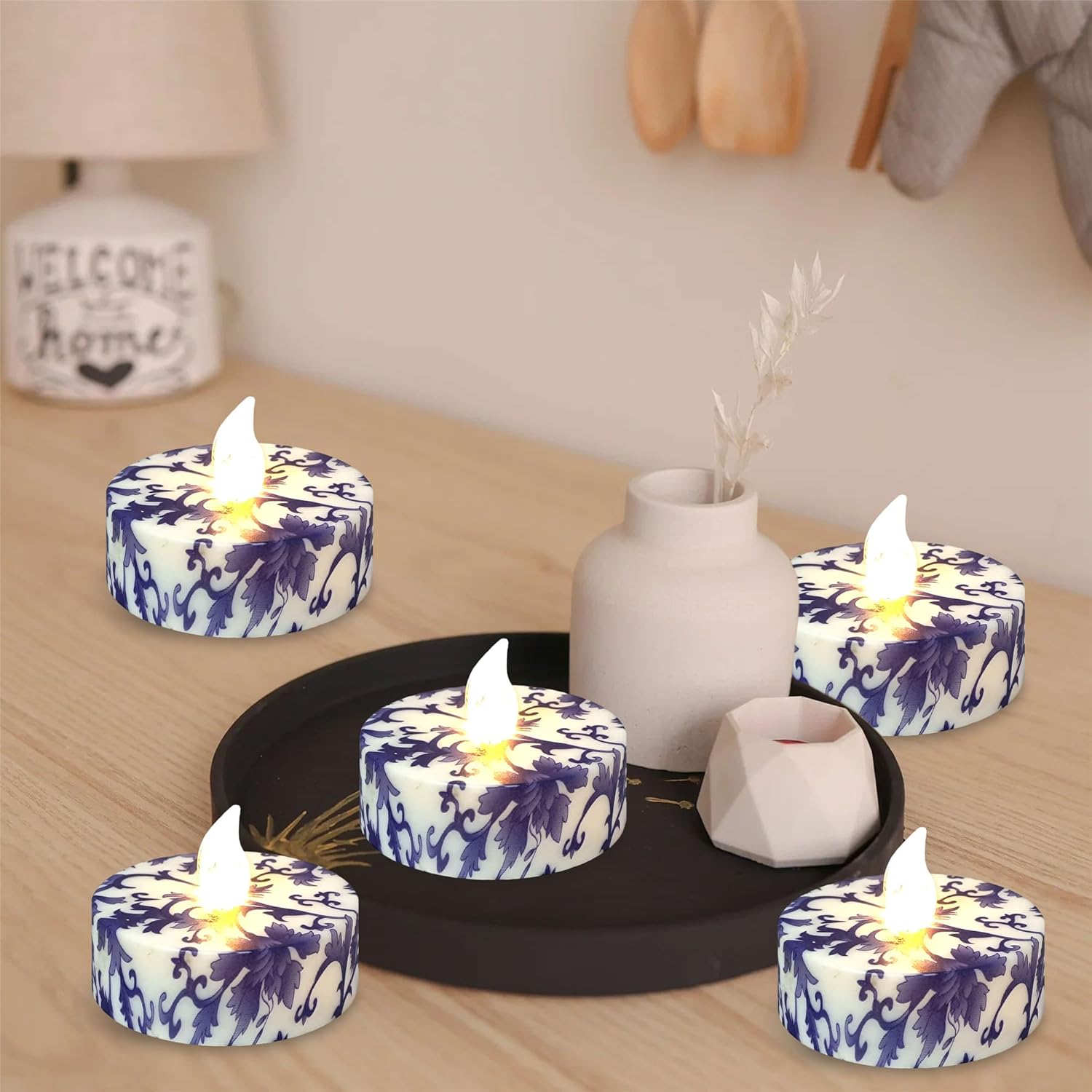 Floral Flameless Tealights with Remote - 12 Pack Blue and White LED Tealight Candles Battery Operated Tea Lights Safe Realistic Flickering for Home Decor Wedding Party,TLT12P-BW