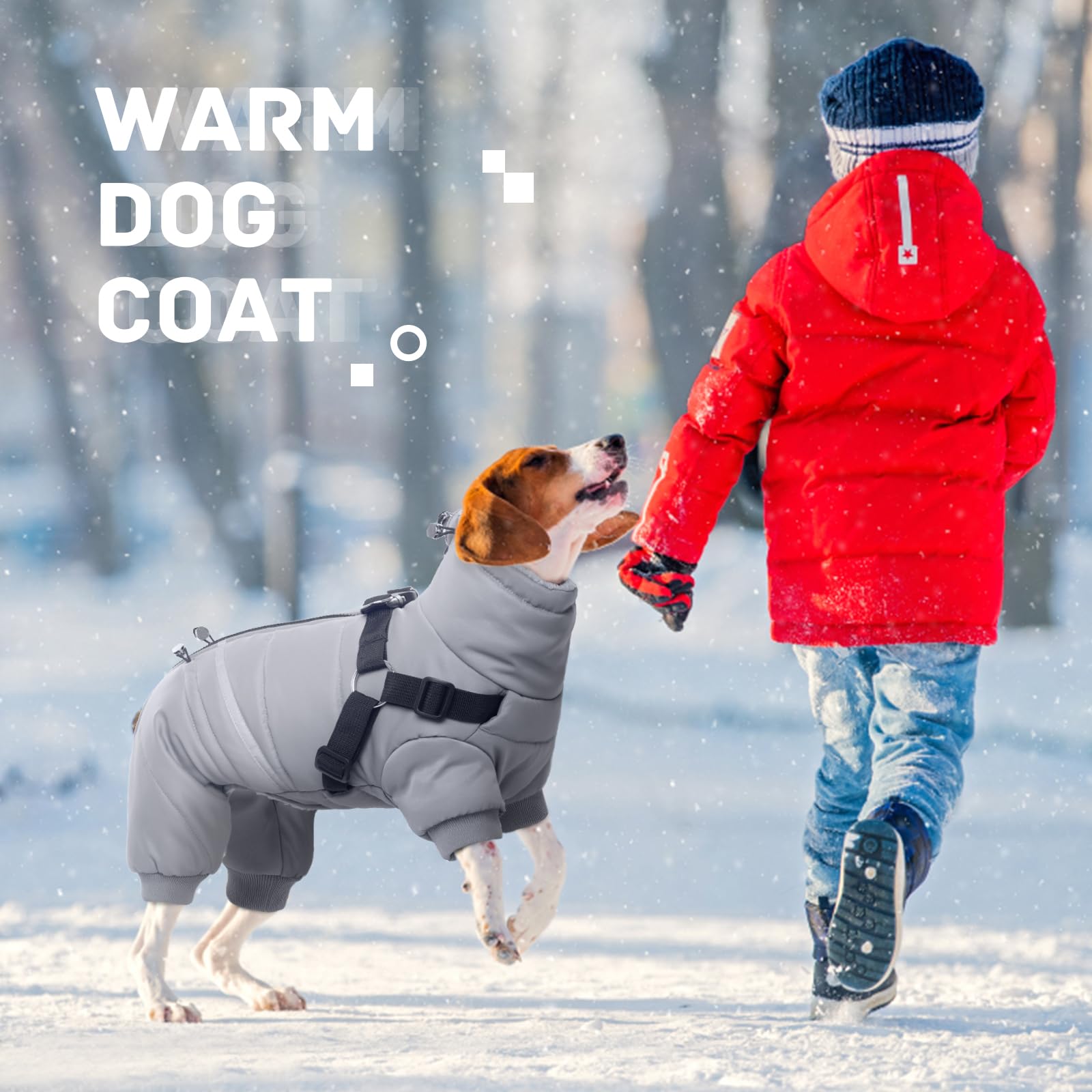 BRKURLEG Cappotto invernale per cani grigio, accogliente giacca invernale per cani, con imbracatura, calda per cani, cappotto natalizio per cani, riflettente per animali domestici, antivento, caldo