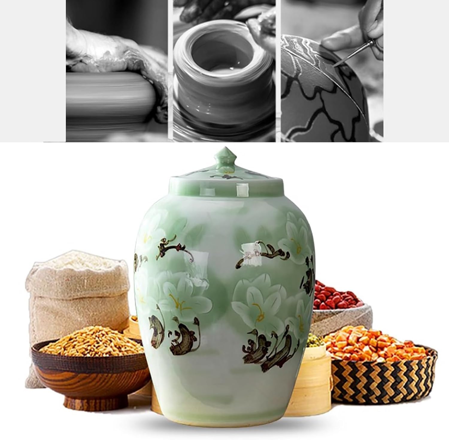 Ceramiczny pojemnik do przechowywania ryżu z pokrywką | 10/15/25 kg Kuchnia domowa: przechowywanie ryżu i zbóż(Capacity 10kg)