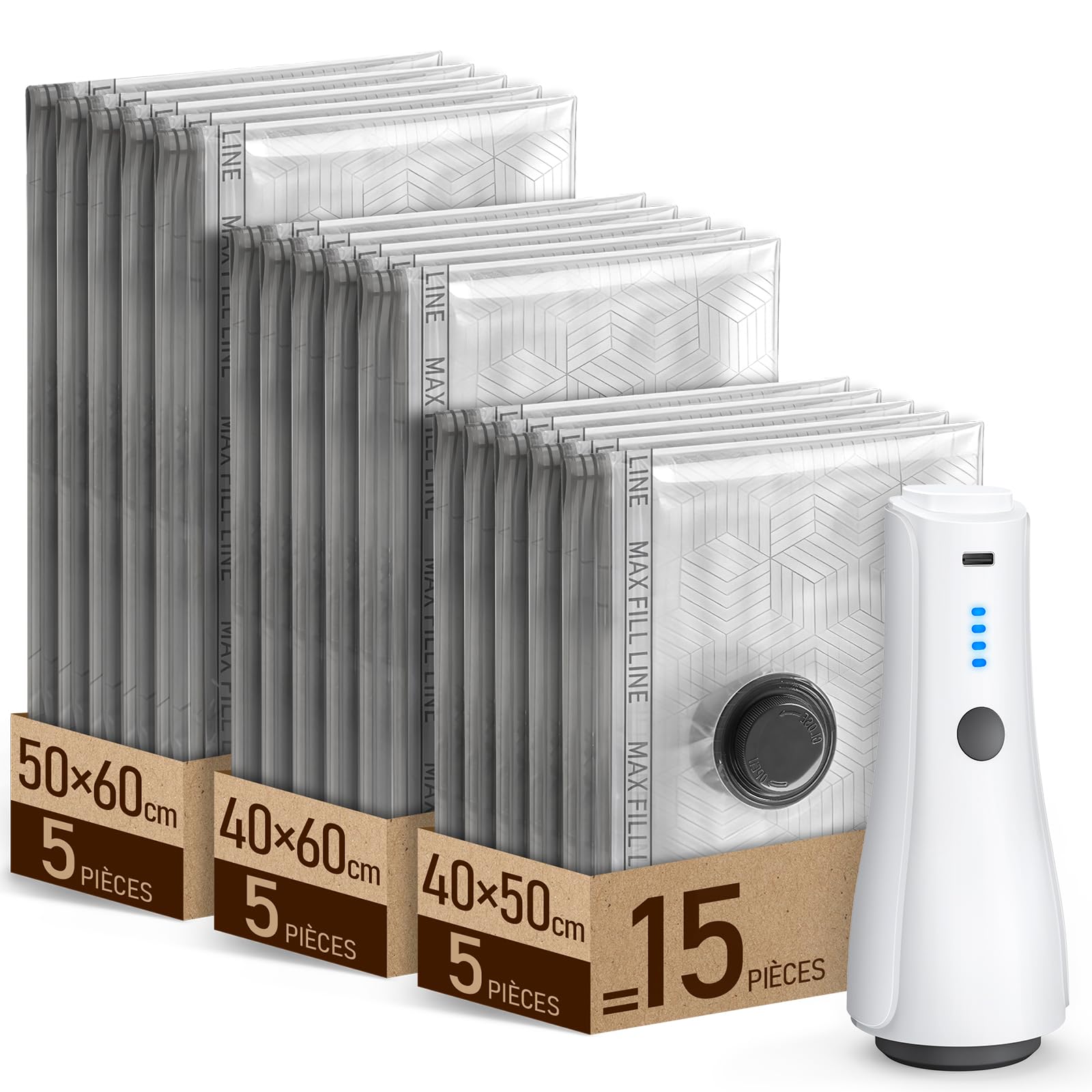 CIRYCASE 15 Pièces Sac Sous Vide Vêtement Aspirateur avec Pompe à Vide Rechargeable [-5000PA Aspiration & 80% d'Espace Gagné], Sac Compression Voyage Portable Housse Aspirable Rangement pour Maison