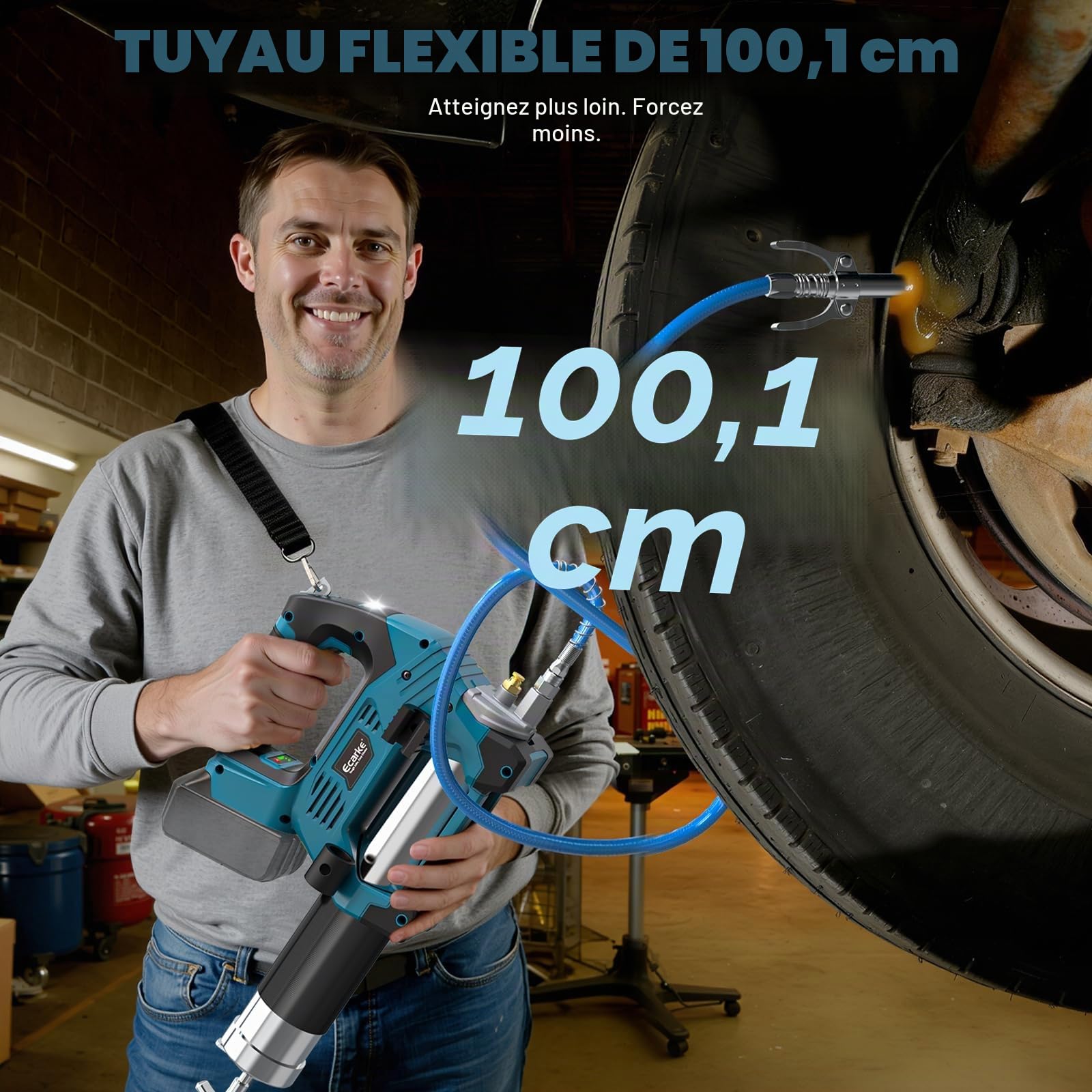 Ecarke Pistolet à Graisse sans Fil Compatible avec Ma-Kita 18V, Moteur Brushless, Pression Max 12000 PSI, 3 Vitesses 150/200/250 g/Min, Graissage pour Camions et Machines(Outils Uniquement)-Bleu
