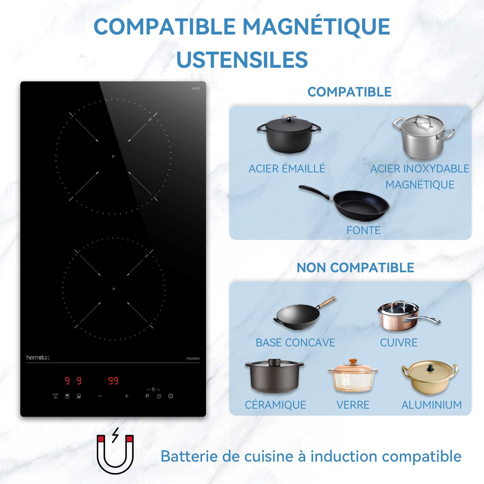 Hermitlux Plaque Induction 2 Feux 30cm Encastrable 3500W Boost 9 Niveaux Minuterie Arrêt Auto Verrou Enfant