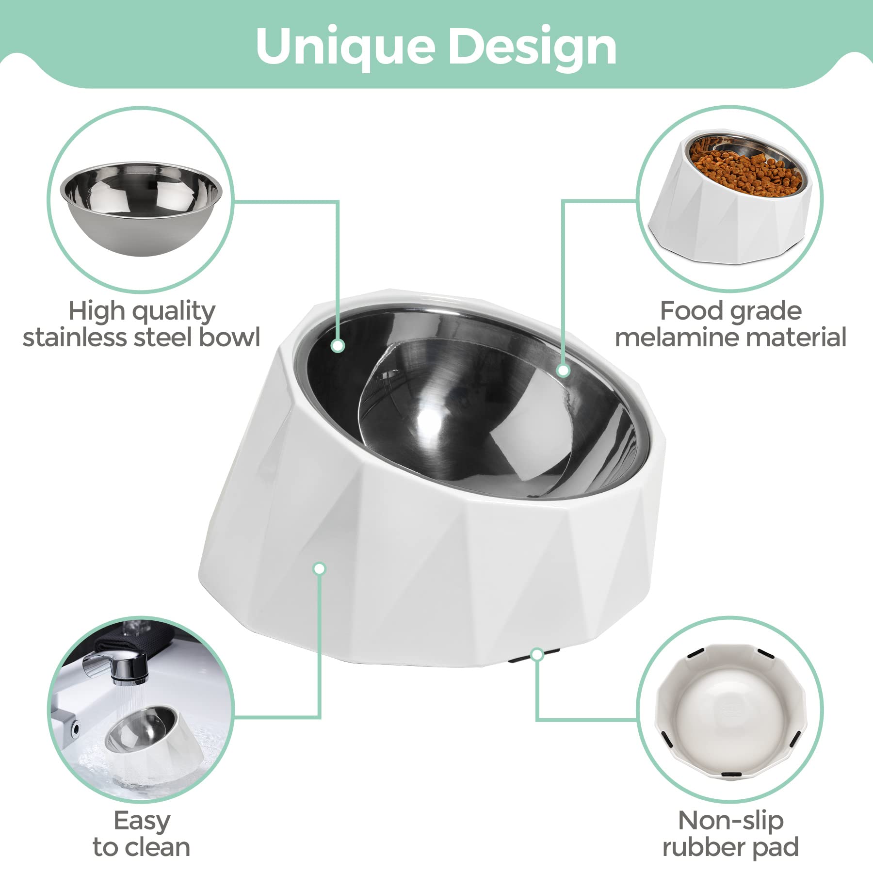 ComSaf Ciotola per Cani inclinata in Acciaio Inox da 15 ° inclinata per Cani e Gatti, Ciotola per Alimentazione Antiscivolo e Non fuoriuscite con Supporto in melamina Rimovibile, Bianco