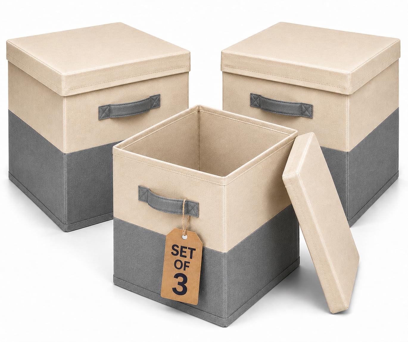 A406 Set of 3 Storage Boxes with Lids, Foldable Fabric Cube Storage Bins with Handles, Storage Basket Organiser for Kallax Shelving Units, Toy Clothes Book Storage Boxes (Beige/Grey, 30x30x30cm)