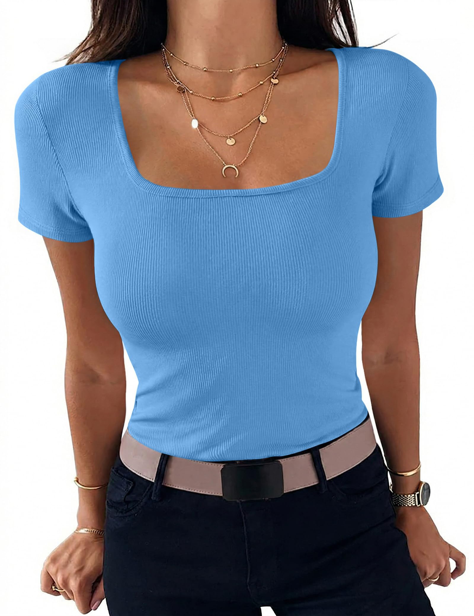 Aottori Tshirt Damen Eckigem Ausschnitt Sommer Oberteile Kurzarm Gerippt Basic Tee Shirts Slim Fit Elegant T-Shirt Stretch Casual Einfarbig Tops