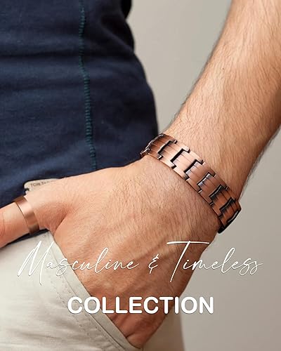 Miniatura 4 de Feraco Pulsera magnética de cobre para hombre y anillo elegantes 99.99% pulseras de cobre sólido con imanes fuertes de doble fila, joyería
