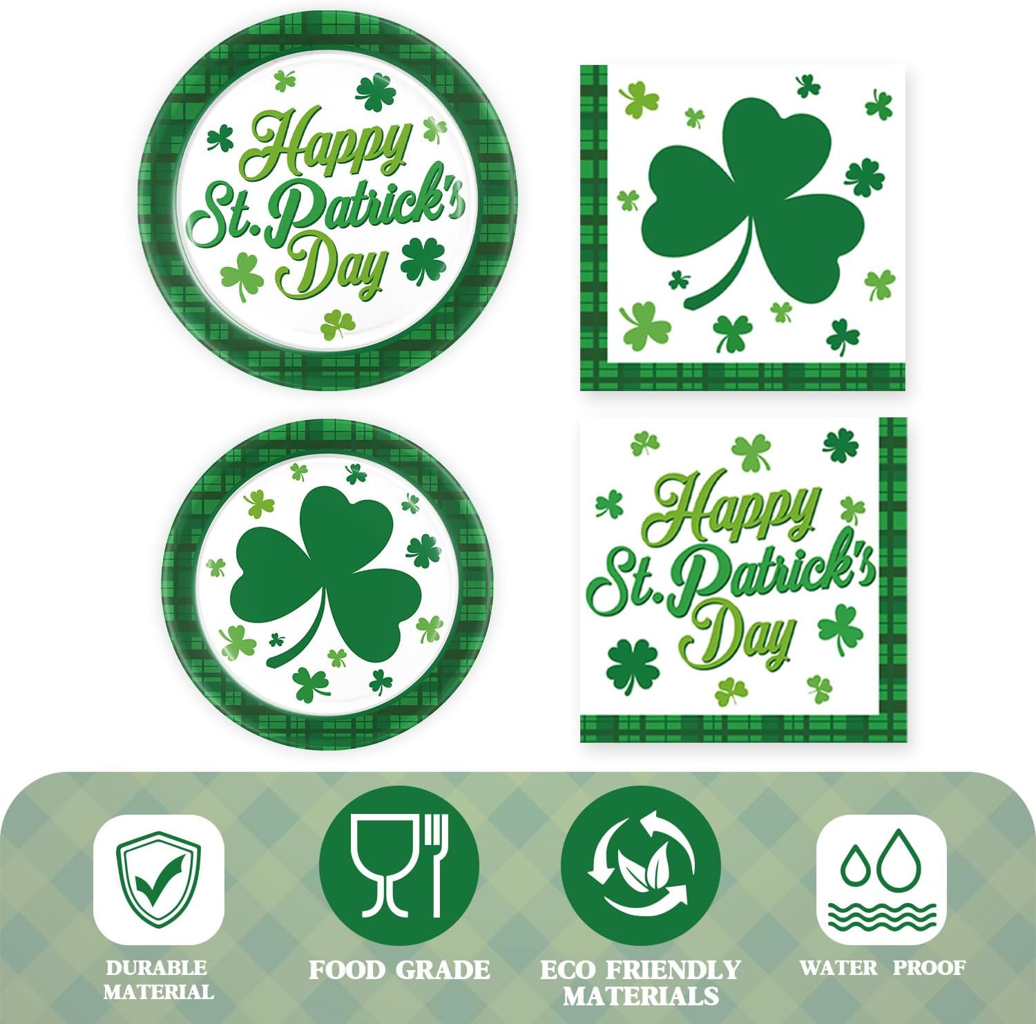St. Patrick' s Day Disposable Plates and Napkins Set(Sever 50) - 150 Pcs Green Shamrock Themed Party Supplies, Irish Dinnerware for Lucky Celebration, Festival, Decorations