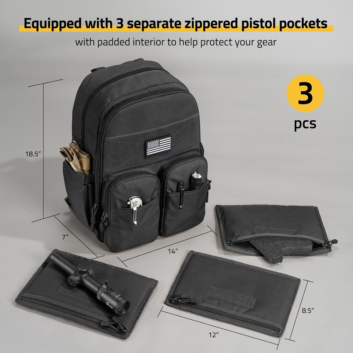 CVLIFE Tactical Range Backpack for Men with Stable Support, Handgun Backpack with Pistol Cases, Range Bag with Removable Divider, Lockable Zipper Design Daypack for EDC Work, Black