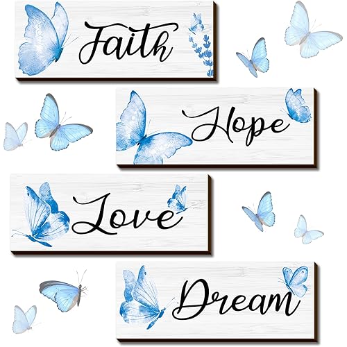 Gerrii 4 Pcs Faith Hope Love Dream Wall Decor Elegant Spring Butterfly Wooden Hanging Decoration Art Butterfly Room Wall Rustic Living Room Accessories for Bedroom Decor(10 x 4 x 0.2 Inch,Blue)